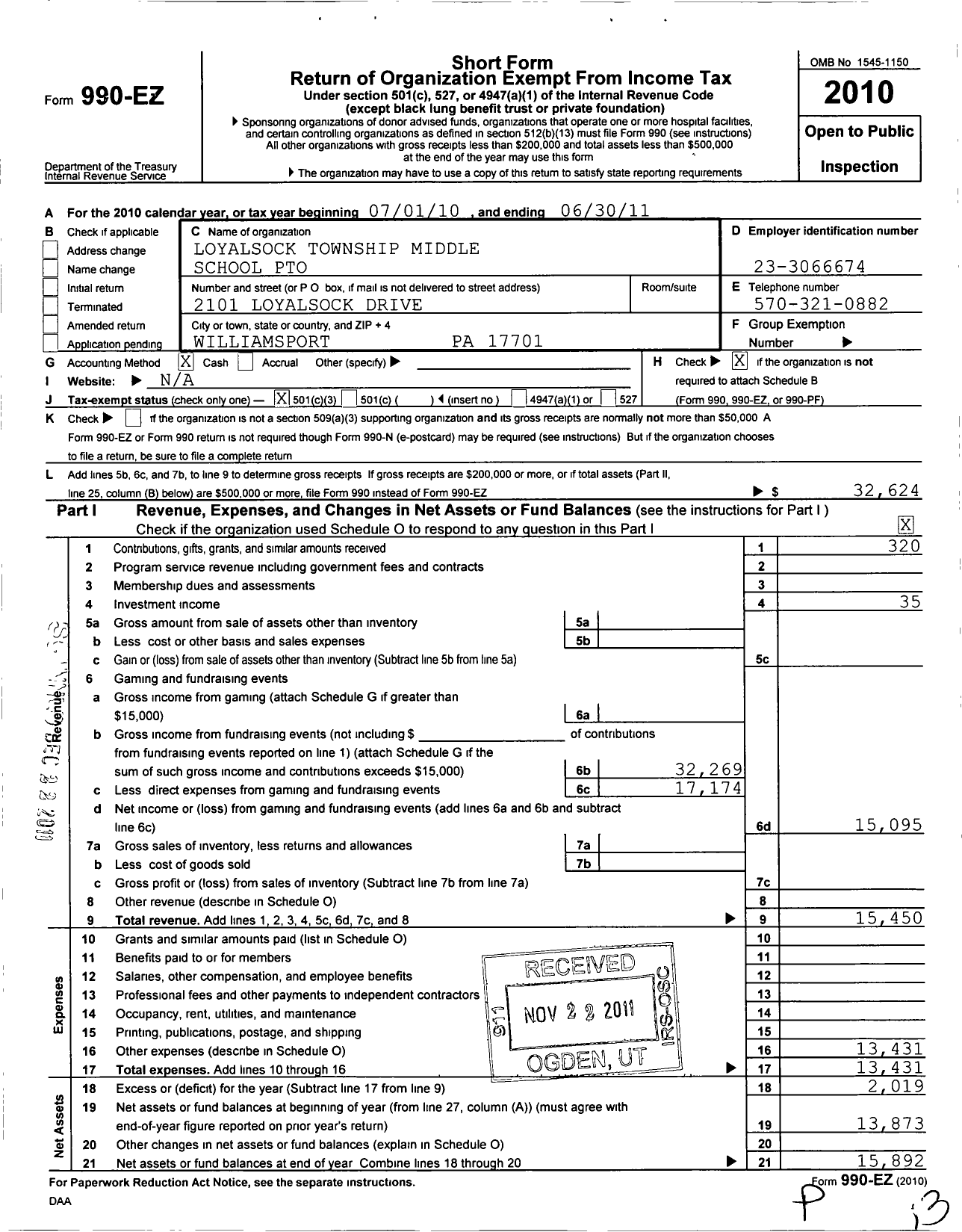 Image of first page of 2010 Form 990EZ for Loyalsock Township Middle School Pto