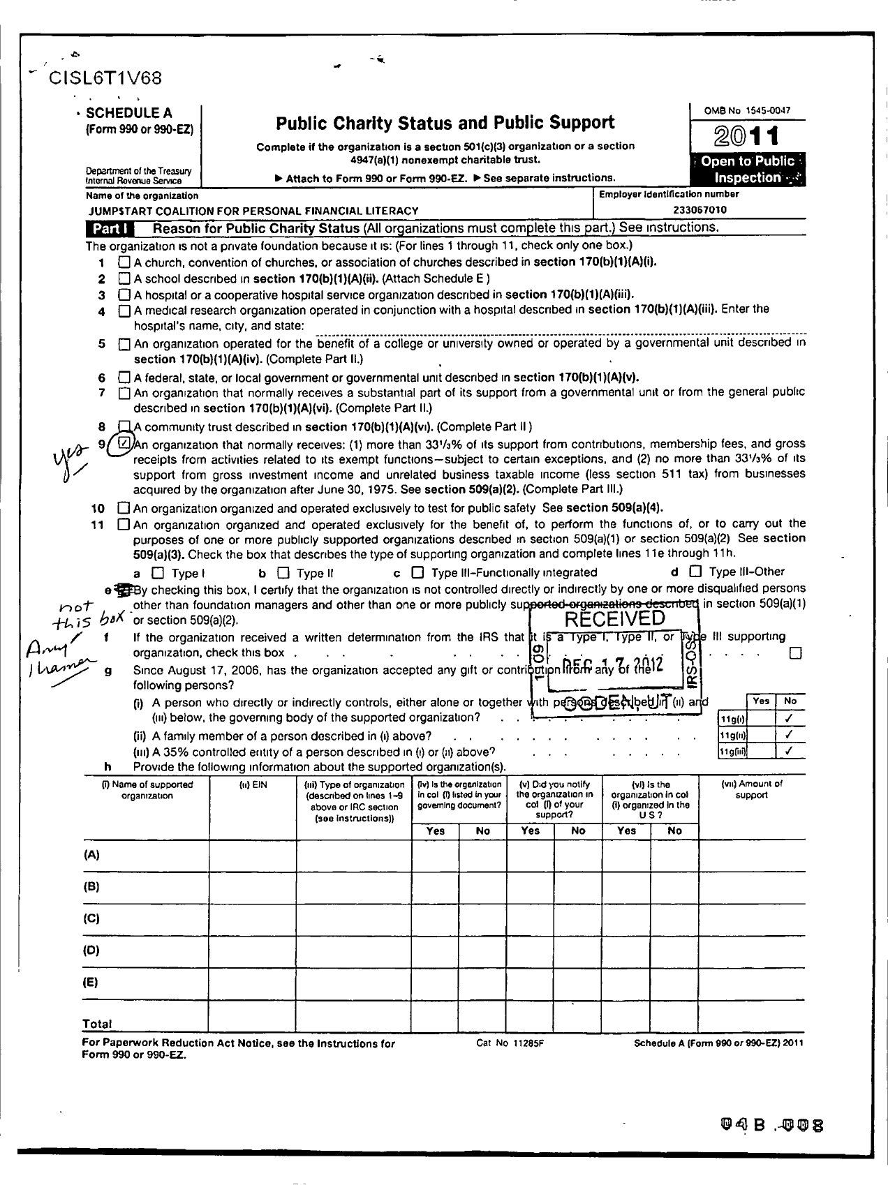 Image of first page of 2011 Form 990ER for Jumpstart Coalition for Personal Financial Literacy / Pennsylvania Jumpstart Coalition