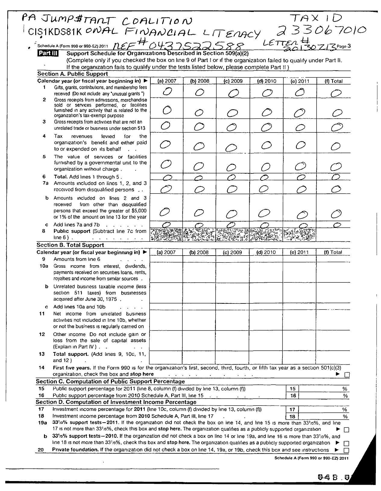 Image of first page of 2011 Form 990ER for Jumpstart Coalition for Personal Financial Literacy / Pennsylvania Jumpstart Coalition