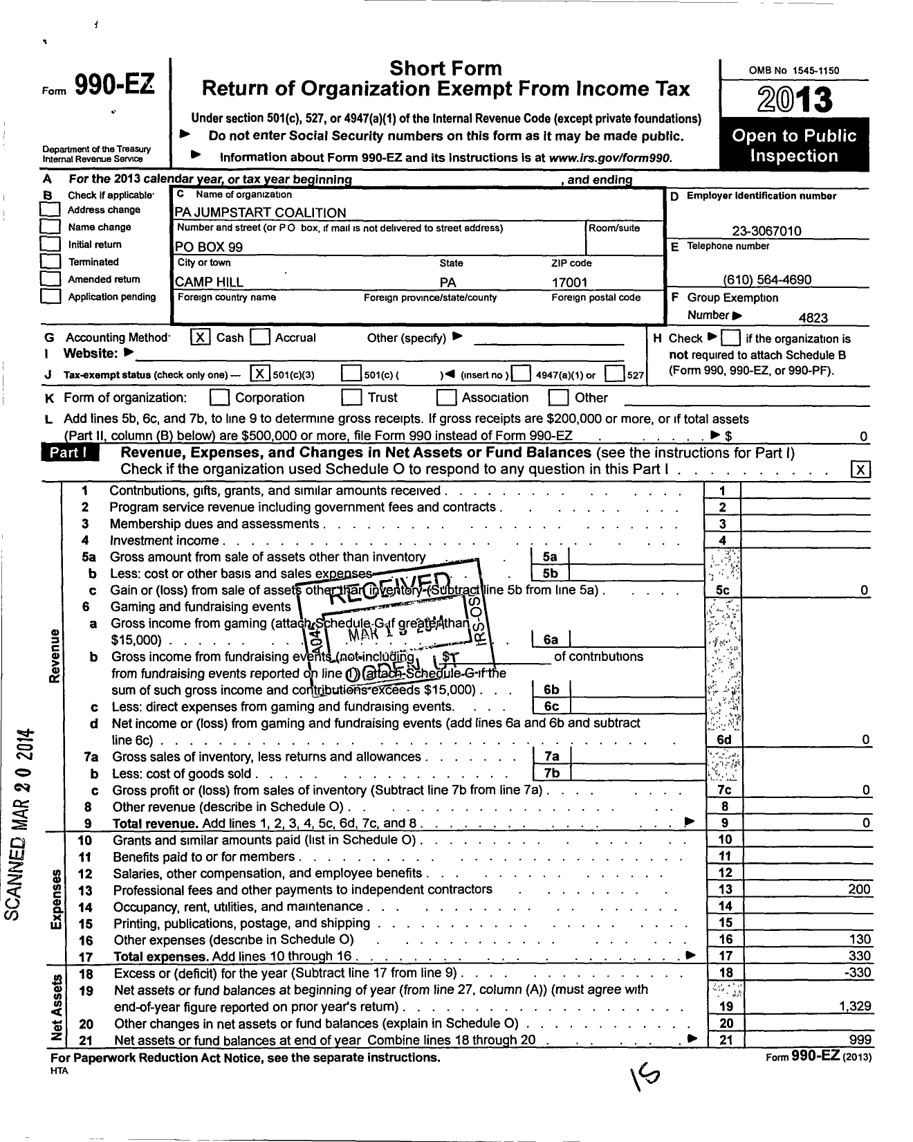 Image of first page of 2013 Form 990EZ for Jumpstart Coalition for Personal Financial Literacy / Pennsylvania Jumpstart Coalition