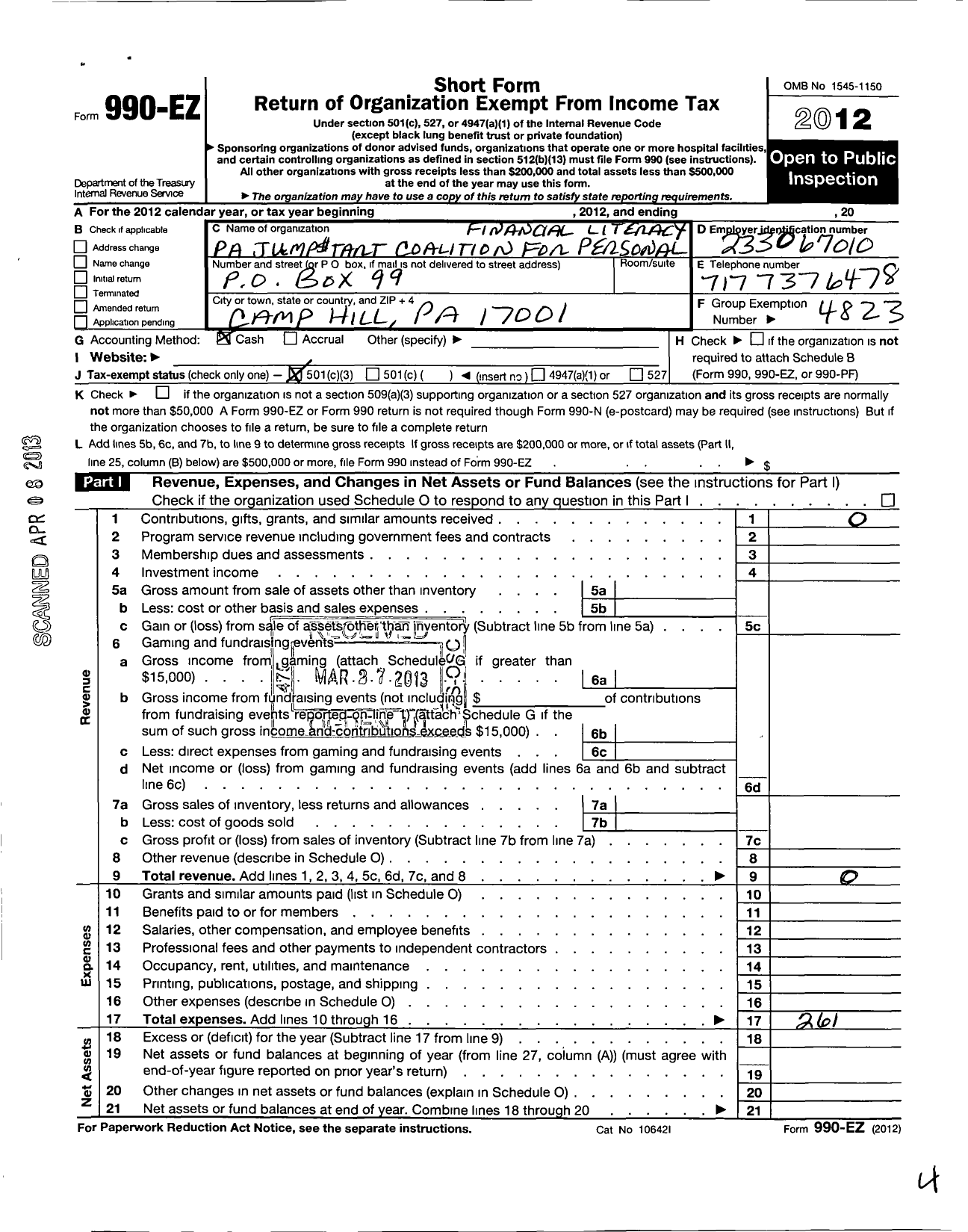 Image of first page of 2012 Form 990EZ for Jumpstart Coalition for Personal Financial Literacy / Pennsylvania Jumpstart Coalition