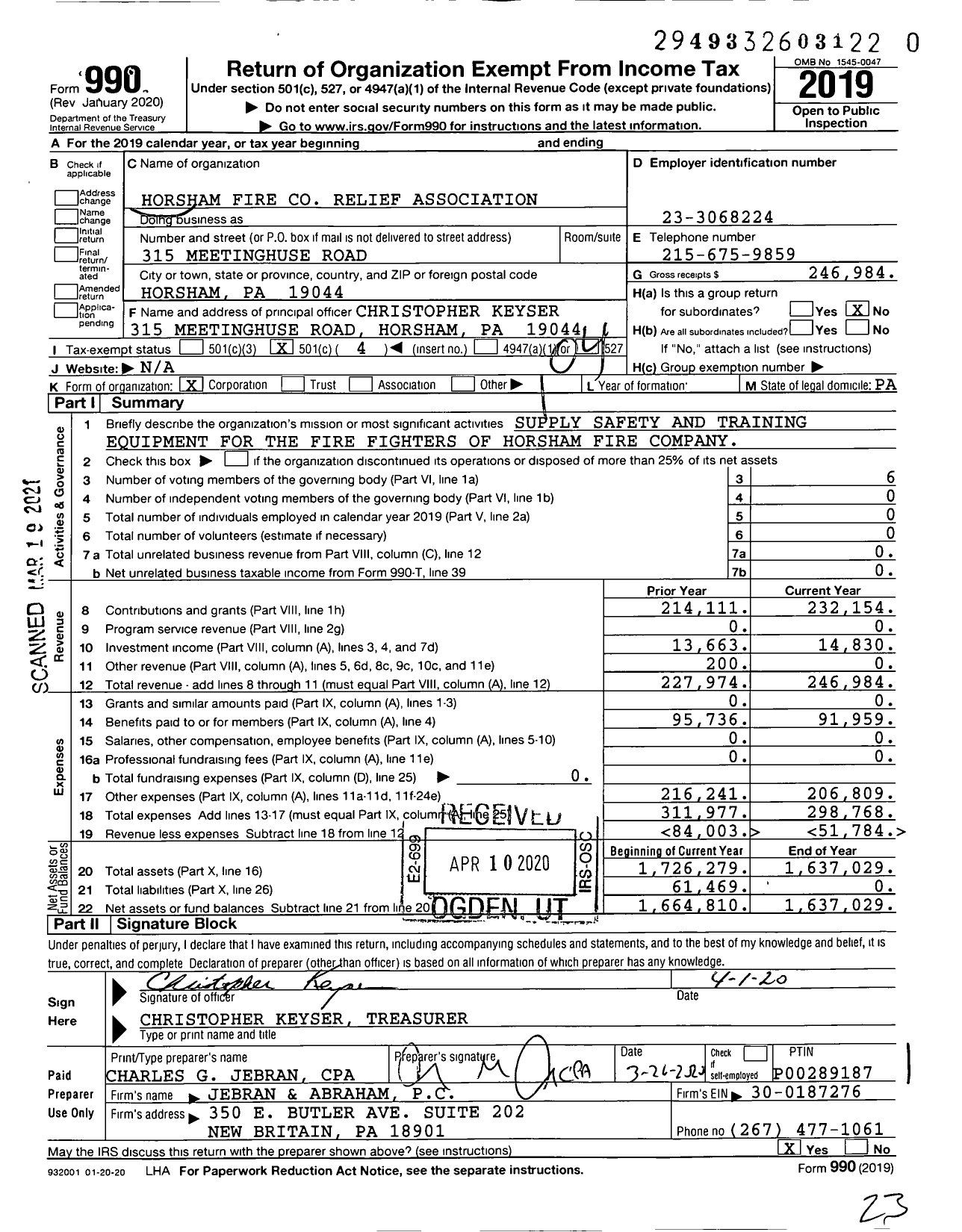 Image of first page of 2019 Form 990O for Horsham Fire Relief Association