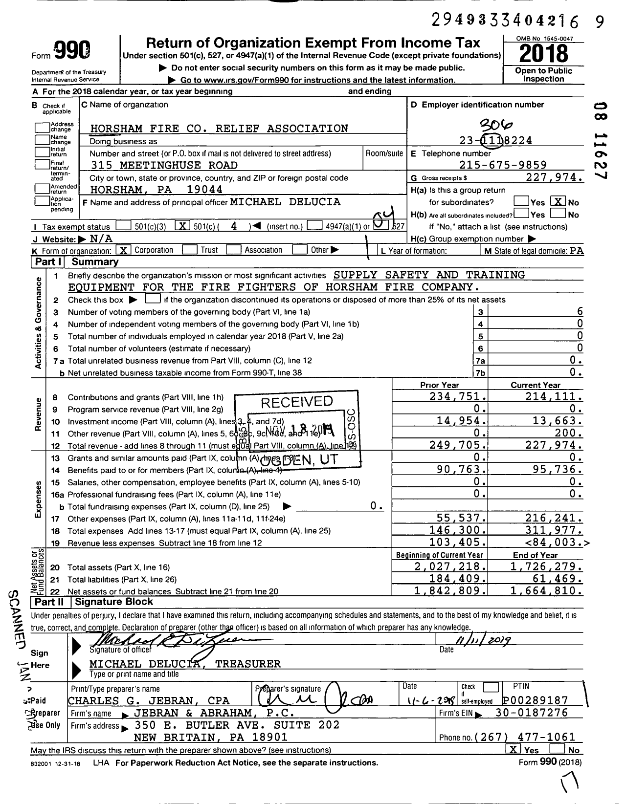 Image of first page of 2018 Form 990O for Horsham Fire Relief Association