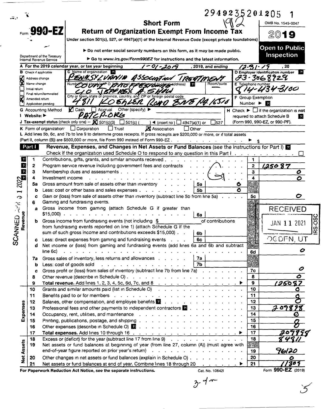 Image of first page of 2019 Form 990EZ for Pennsylvania Association of Treatment Court Professionals