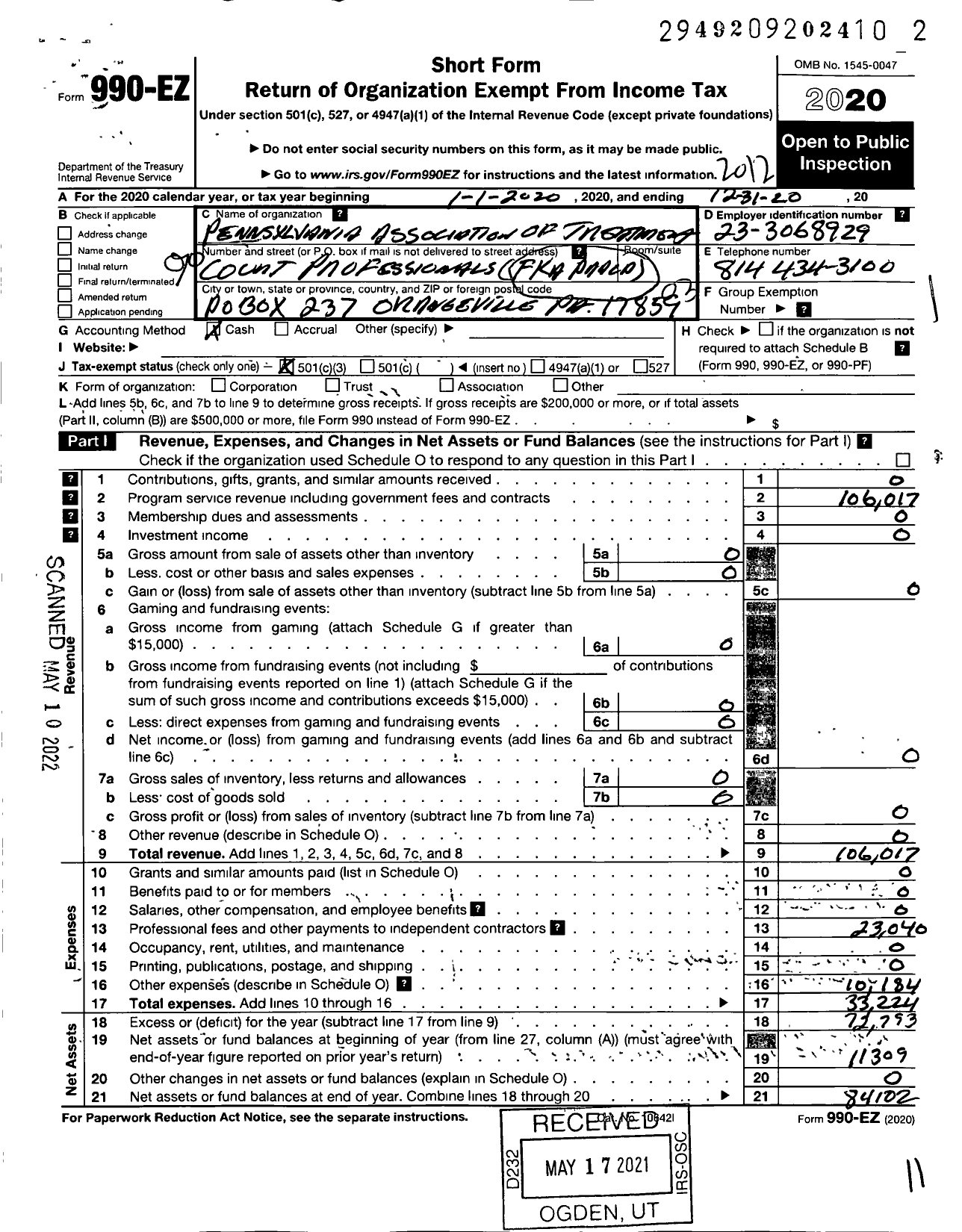 Image of first page of 2020 Form 990EZ for Pennsylvania Association of Treatment Court Professionals