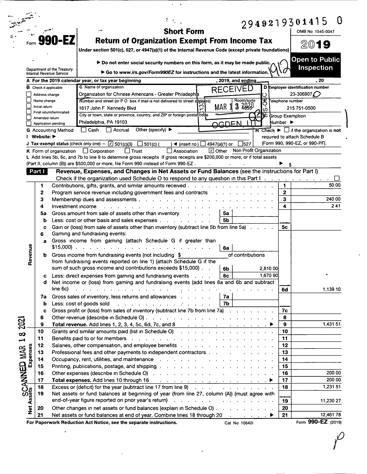 Image of first page of 2019 Form 990EZ for Organization for Chinese Americans Greater Philadelphia