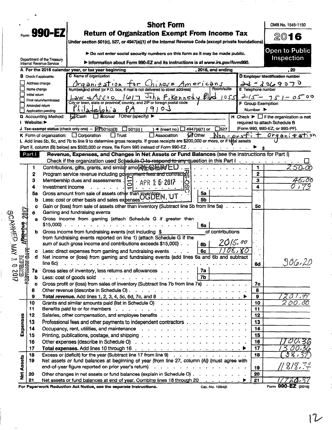 Image of first page of 2016 Form 990EZ for Organization for Chinese Americans Greater Philadelphia