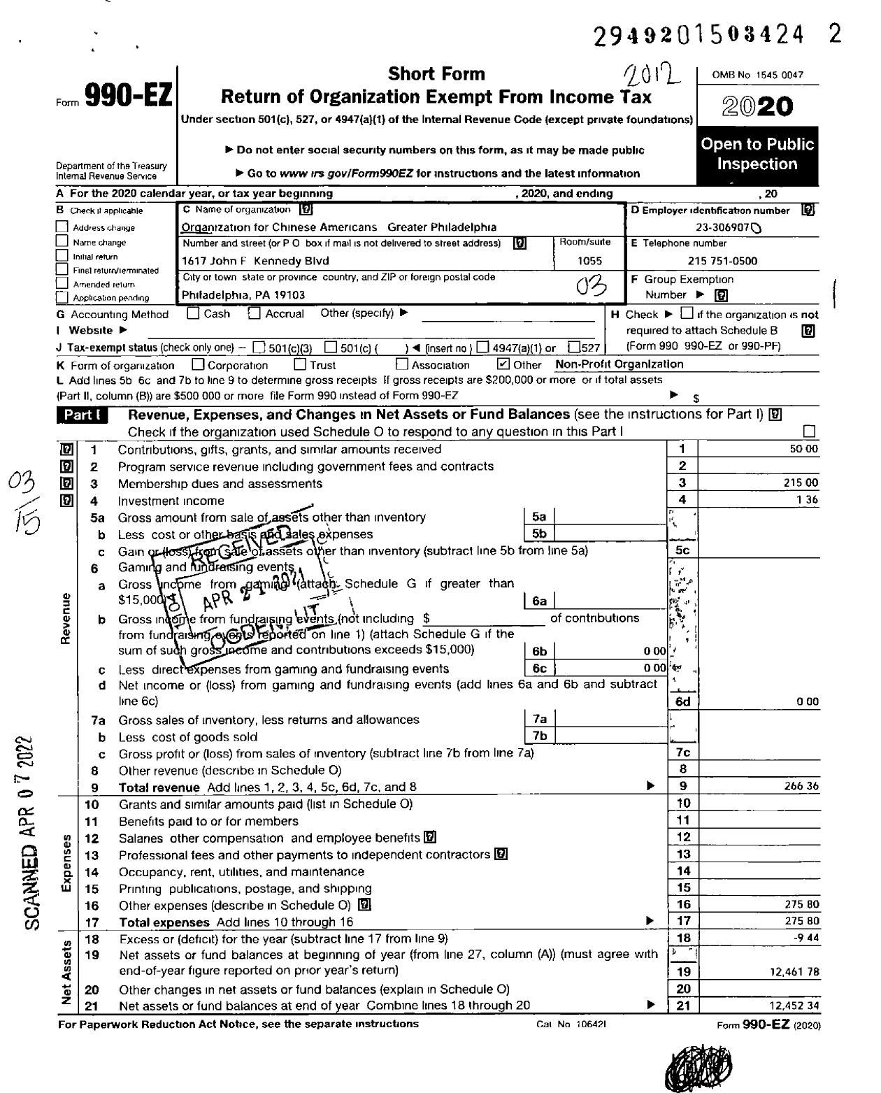 Image of first page of 2020 Form 990EZ for Organization for Chinese Americans Greater Philadelphia