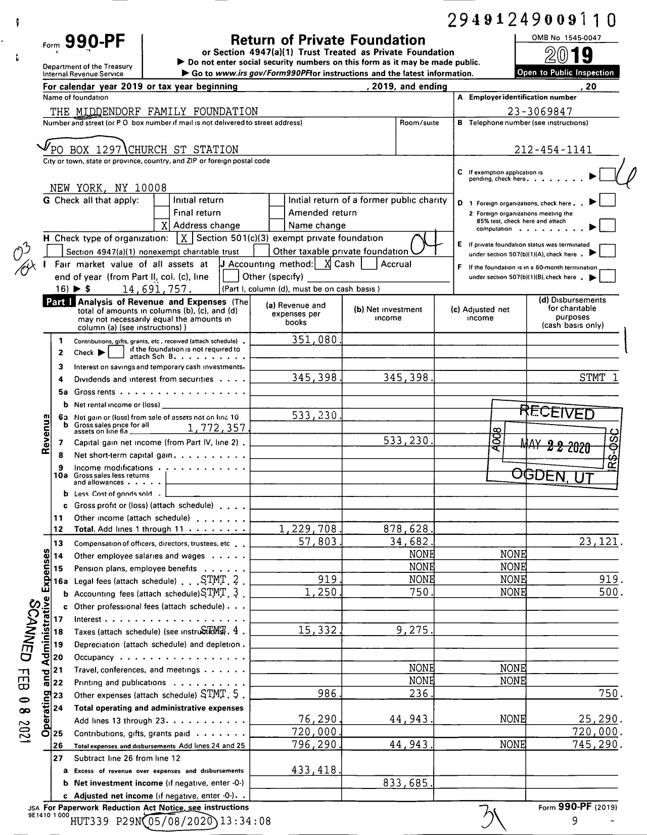 Image of first page of 2019 Form 990PF for The Middendorf Family Foundation