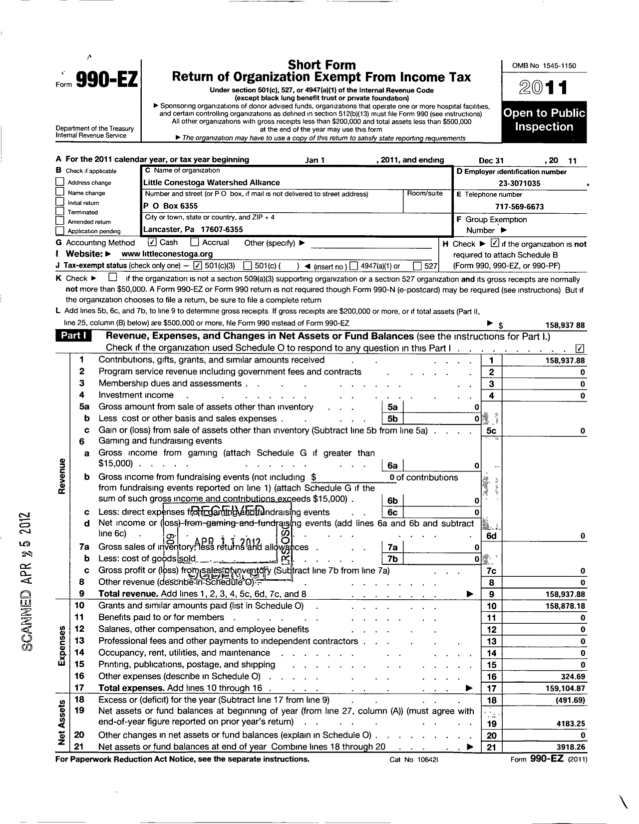 Image of first page of 2011 Form 990EZ for Little Conestoga Watershed