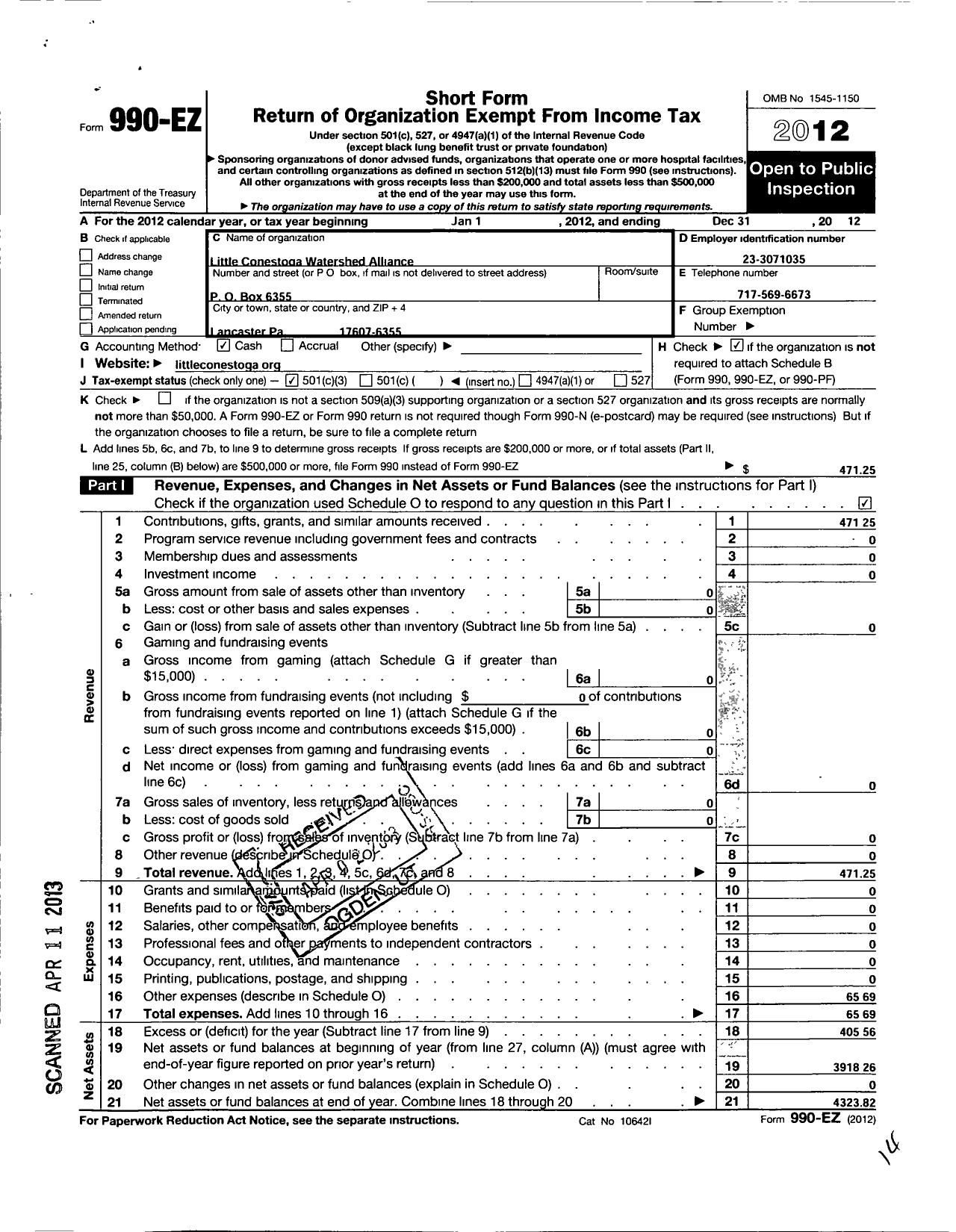 Image of first page of 2012 Form 990EZ for Little Conestoga Watershed