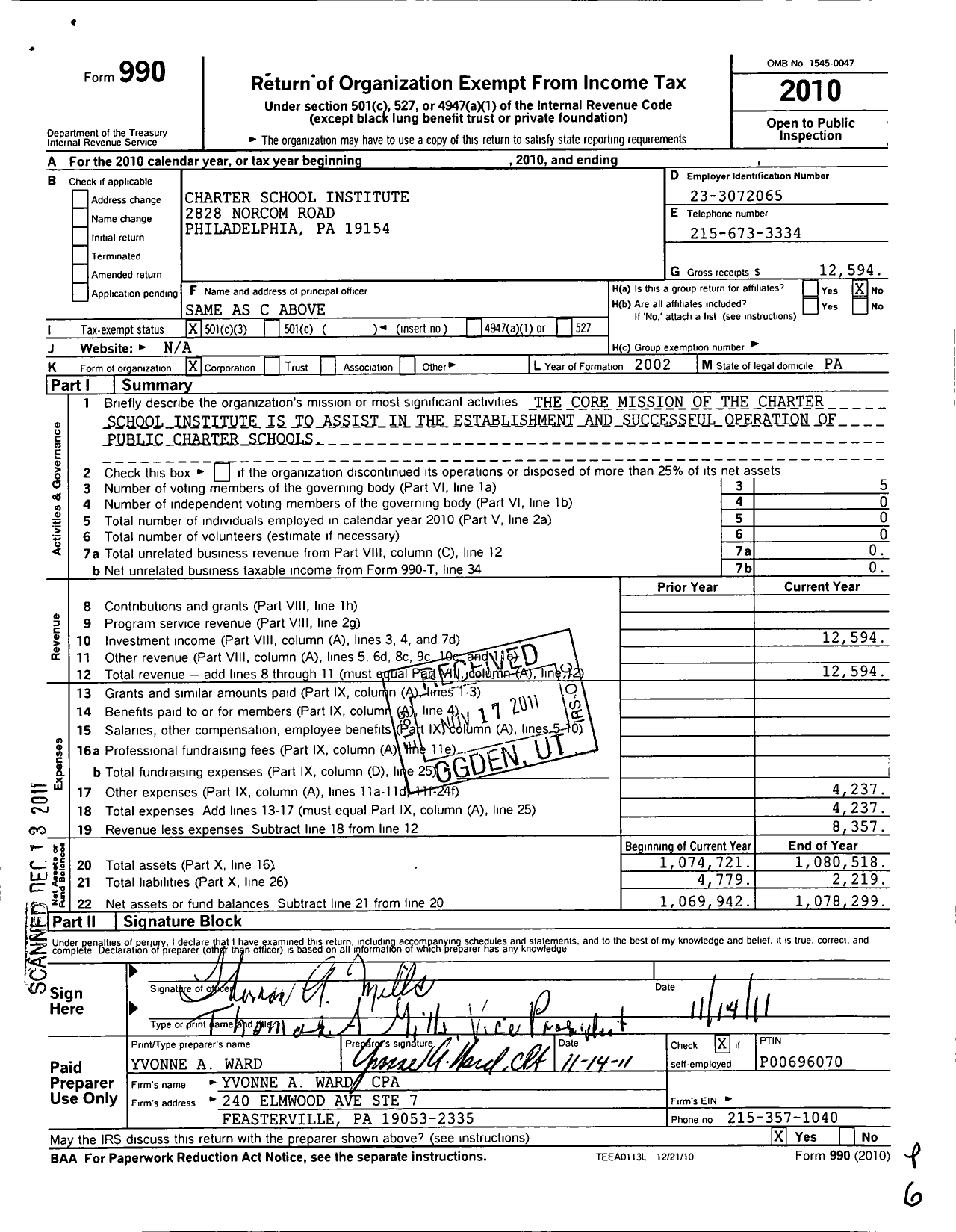 Image of first page of 2010 Form 990 for Charter School Institute