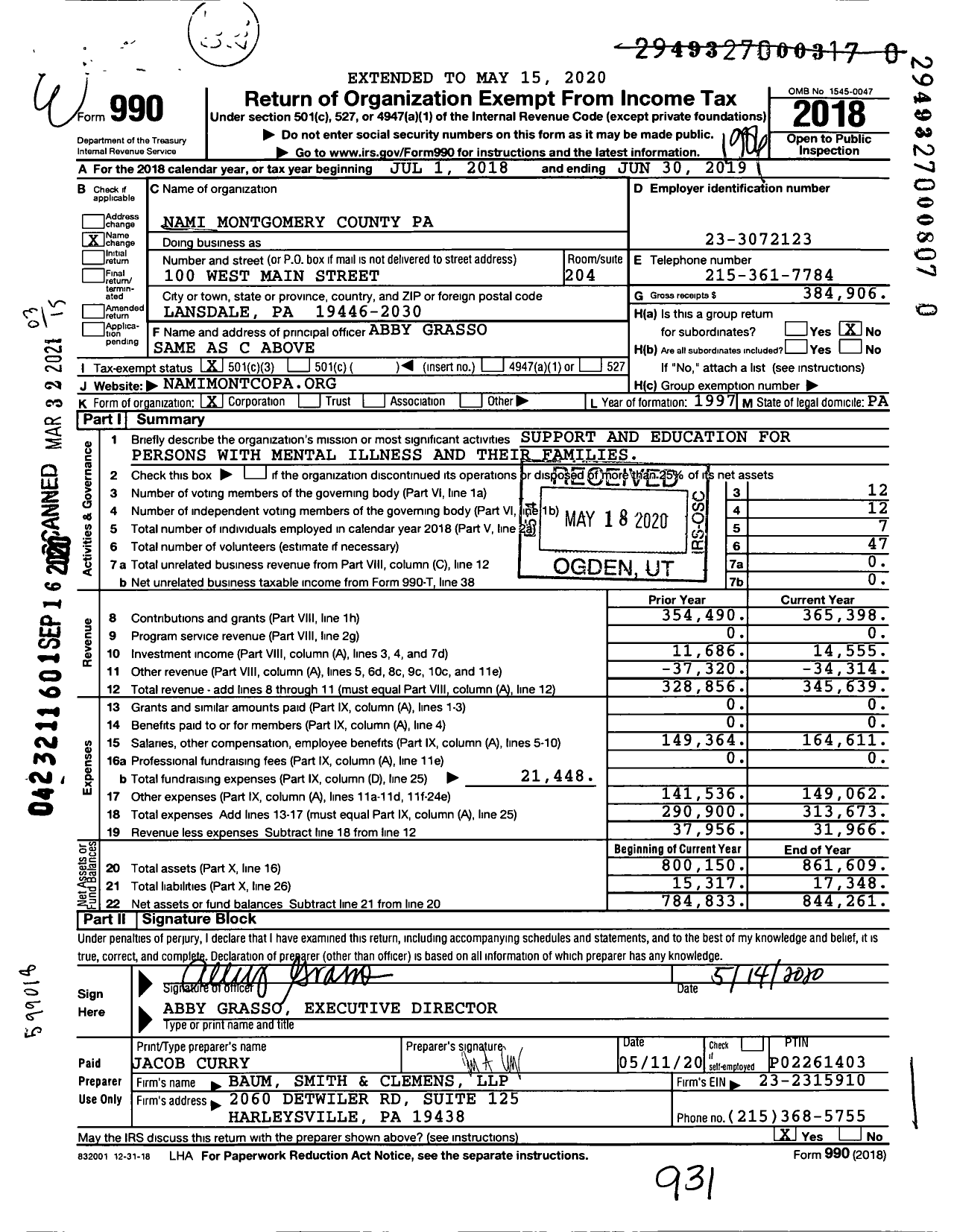 Image of first page of 2018 Form 990 for Nami of Pennsylvania Montgomery County
