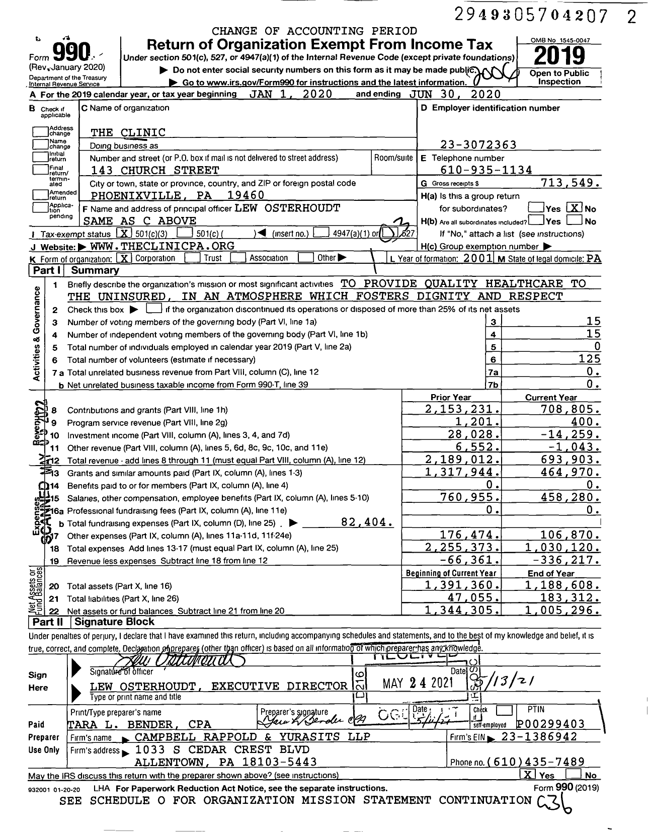 Image of first page of 2019 Form 990 for Phoenixville Free Clinic