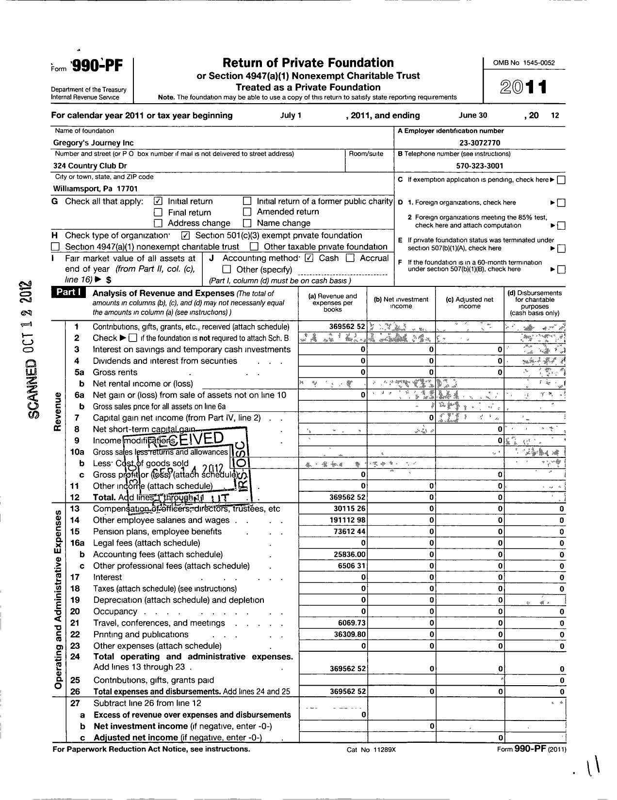 Image of first page of 2011 Form 990PF for Gregorys Journey