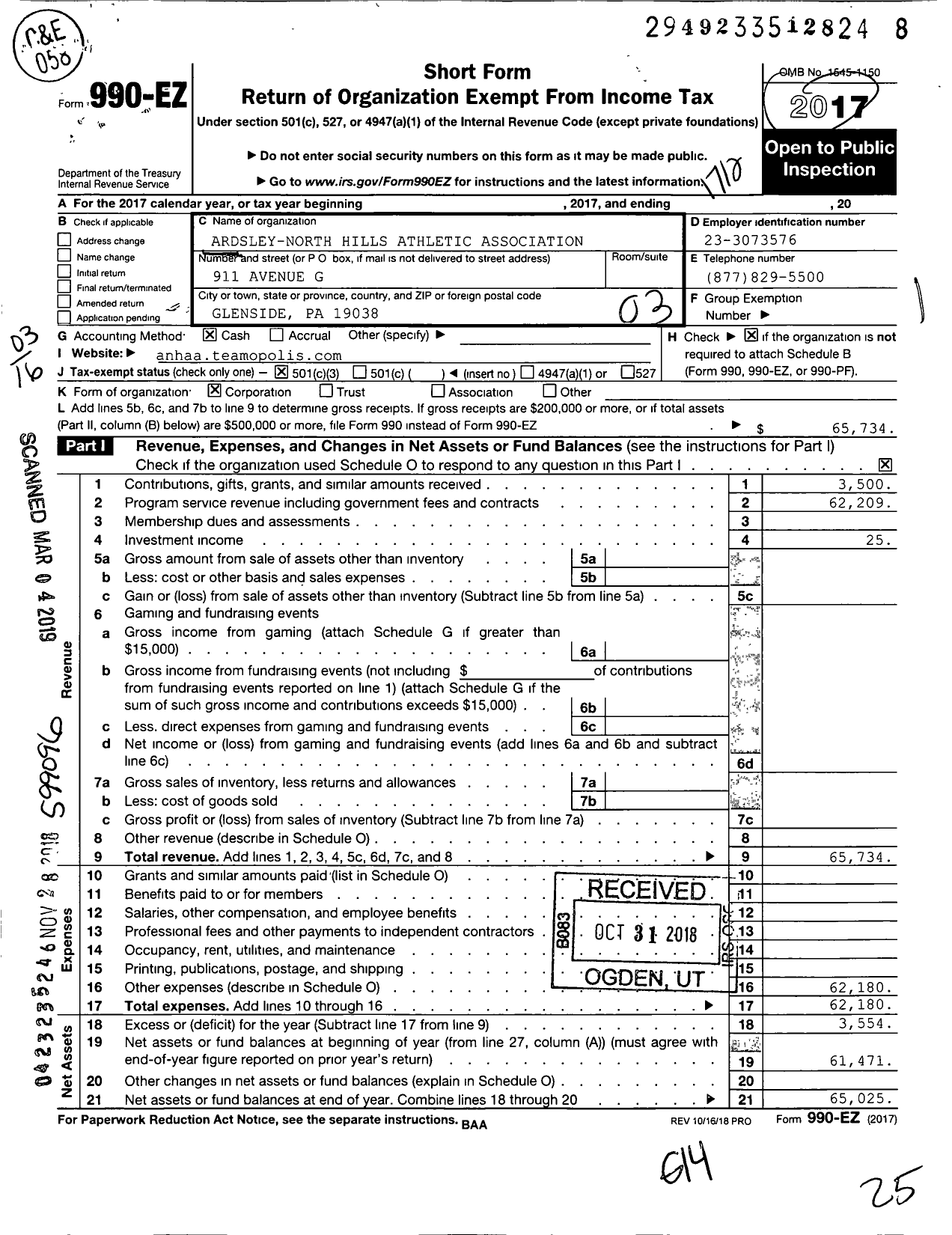 Image of first page of 2017 Form 990EZ for Ardsley-North Hills Athletic Association