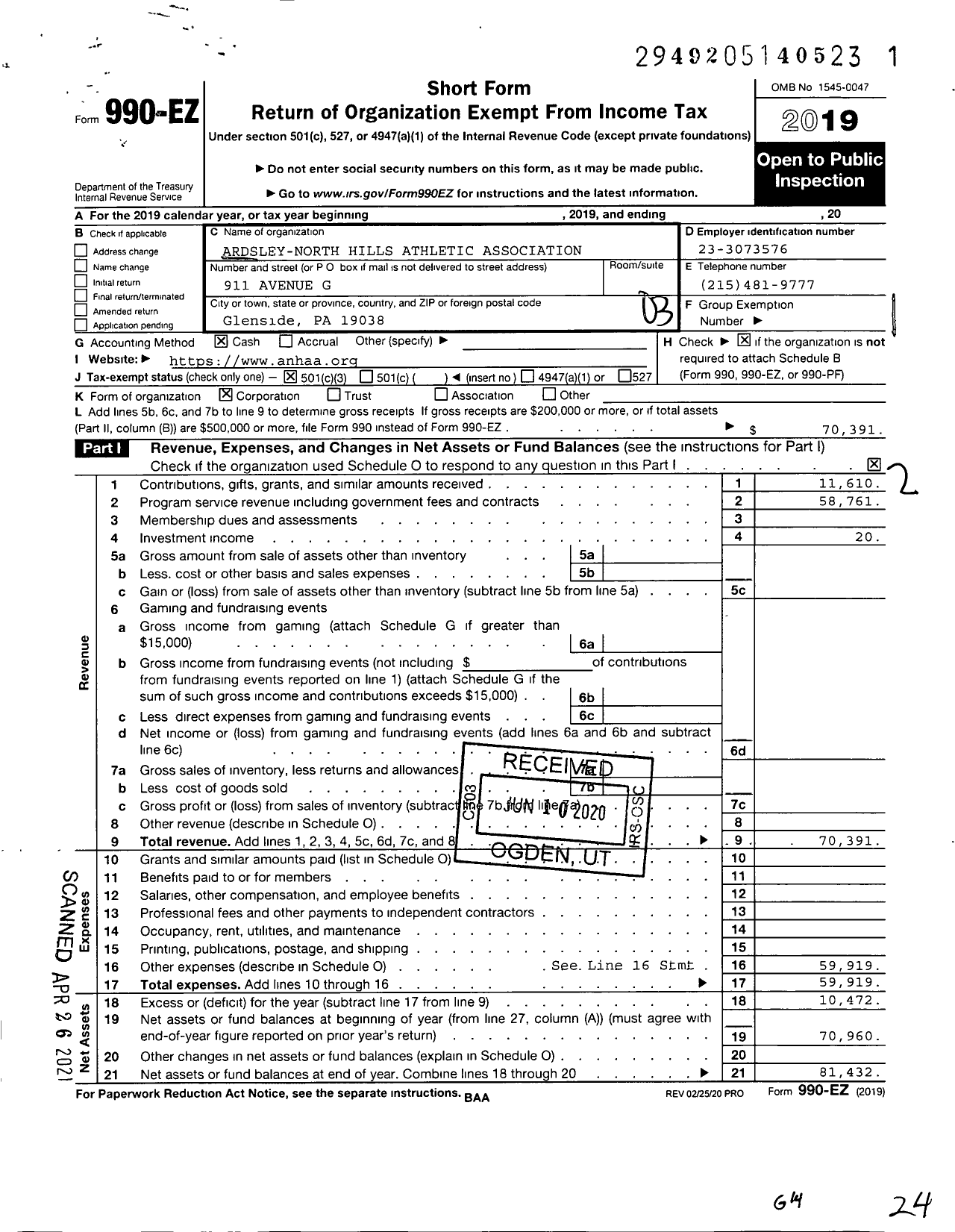 Image of first page of 2019 Form 990EZ for Ardsley-North Hills Athletic Association