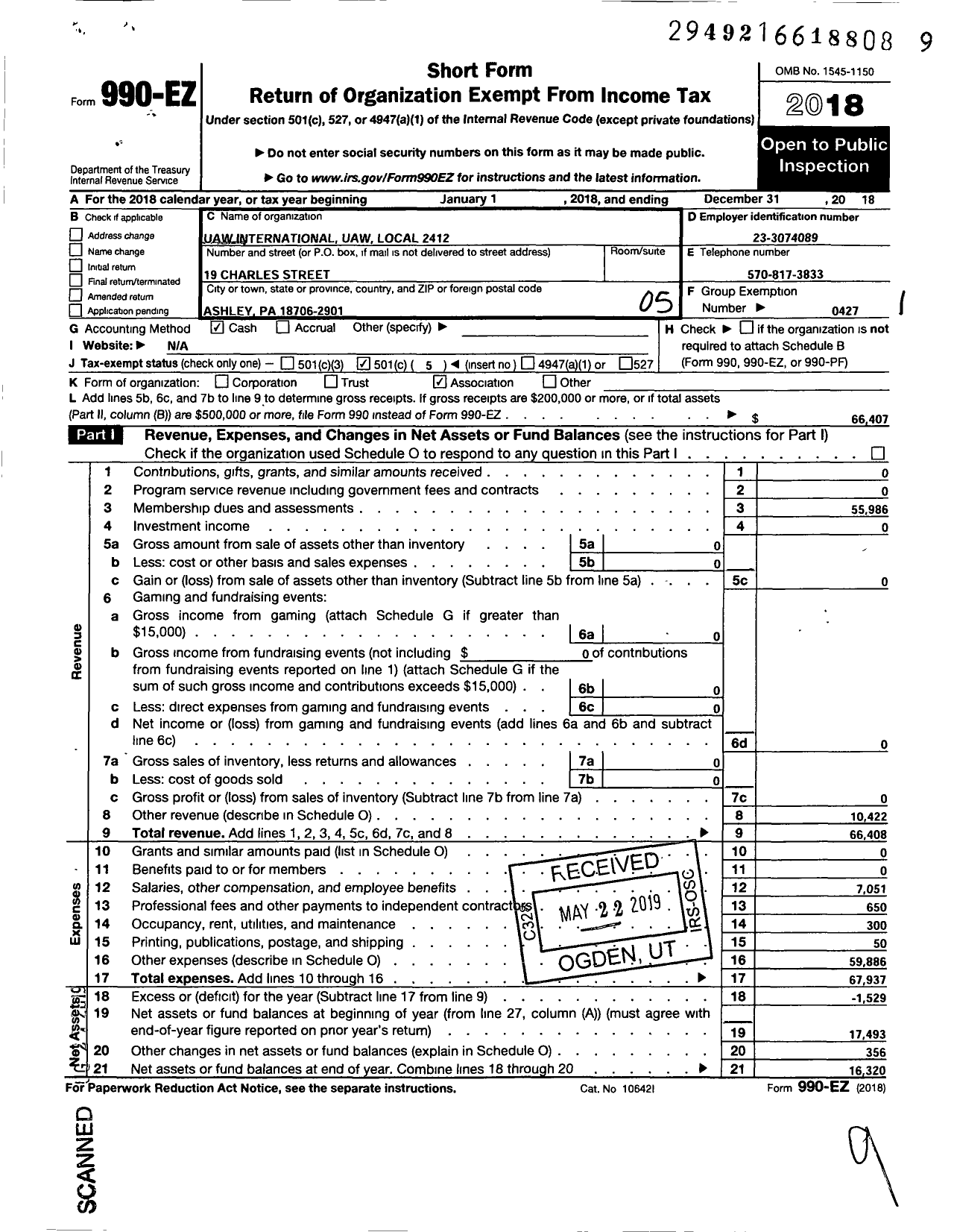 Image of first page of 2018 Form 990EO for Uaw - Uaw Local 2412