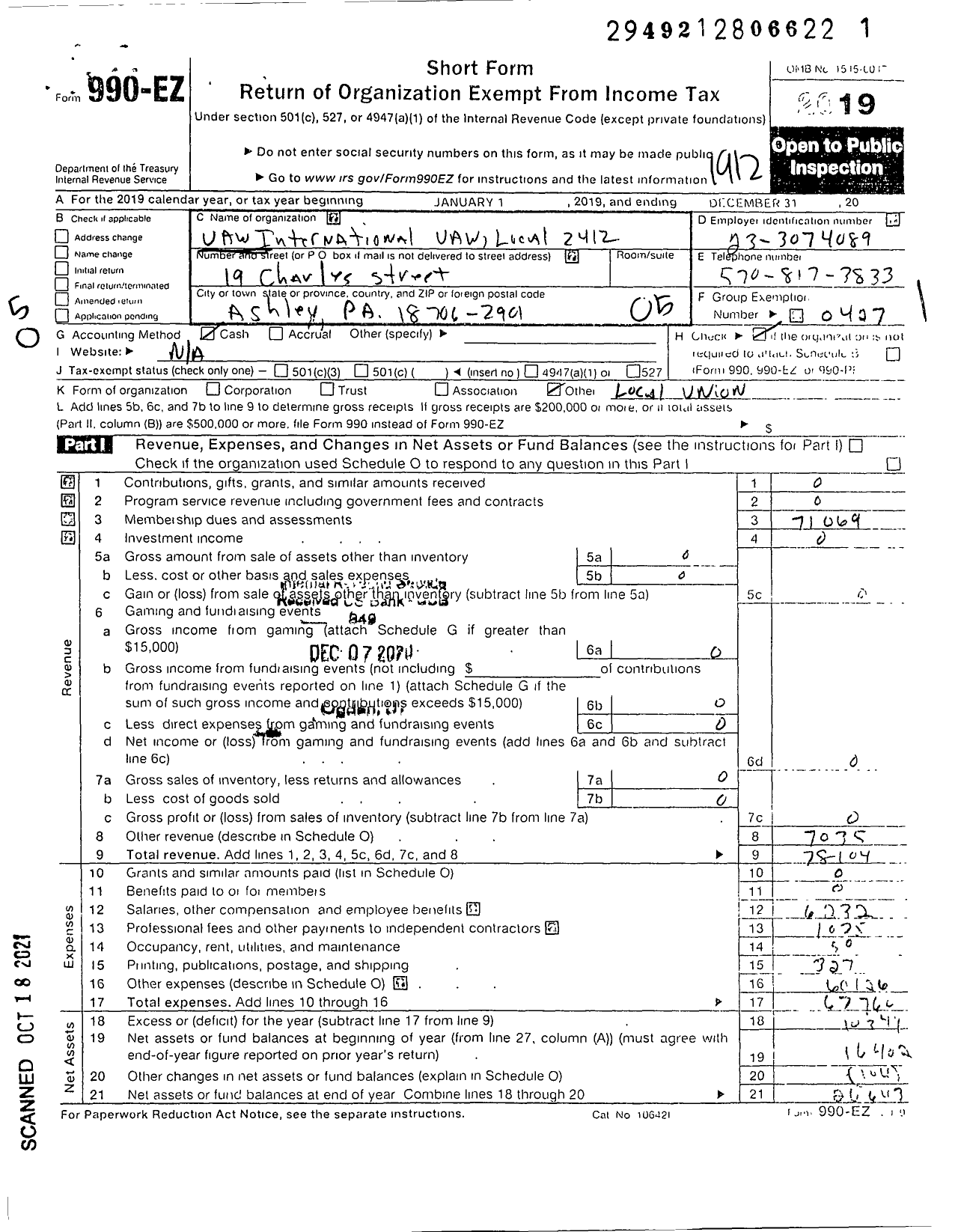 Image of first page of 2019 Form 990EO for Uaw - Uaw Local 2412