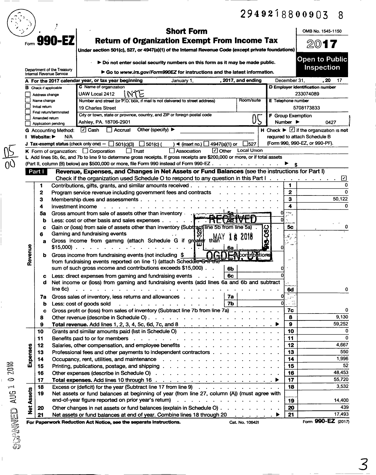 Image of first page of 2017 Form 990EO for Uaw - Uaw Local 2412