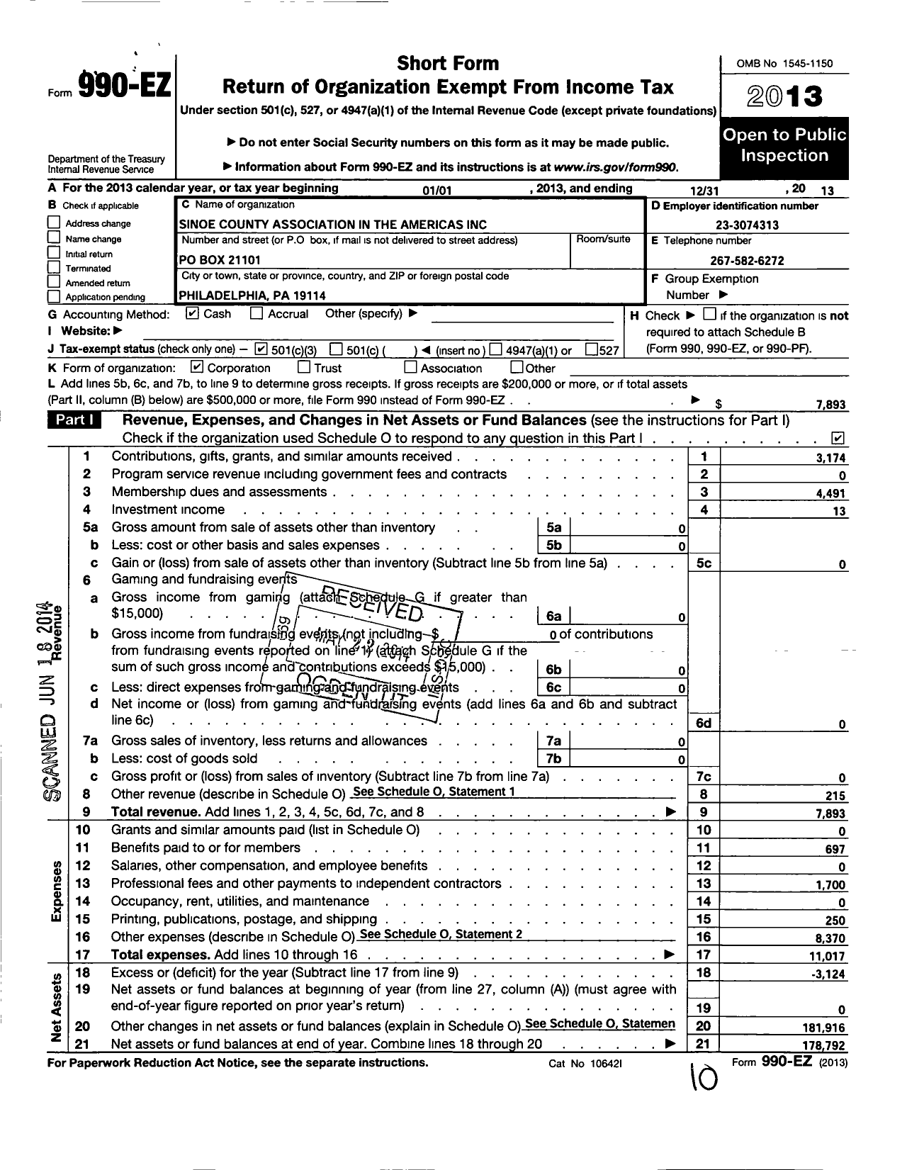 Image of first page of 2013 Form 990EZ for Sinoe County Association in the Americas