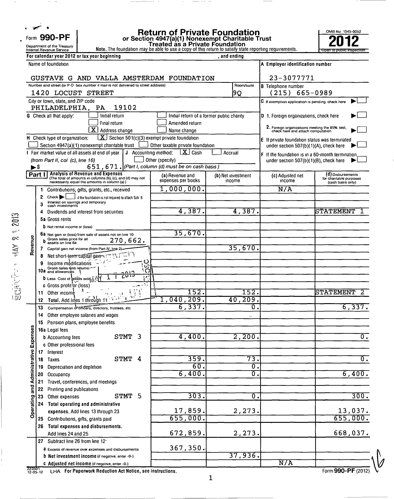 Image of first page of 2012 Form 990PF for Gustave G and Valla Amsterdam Foundation