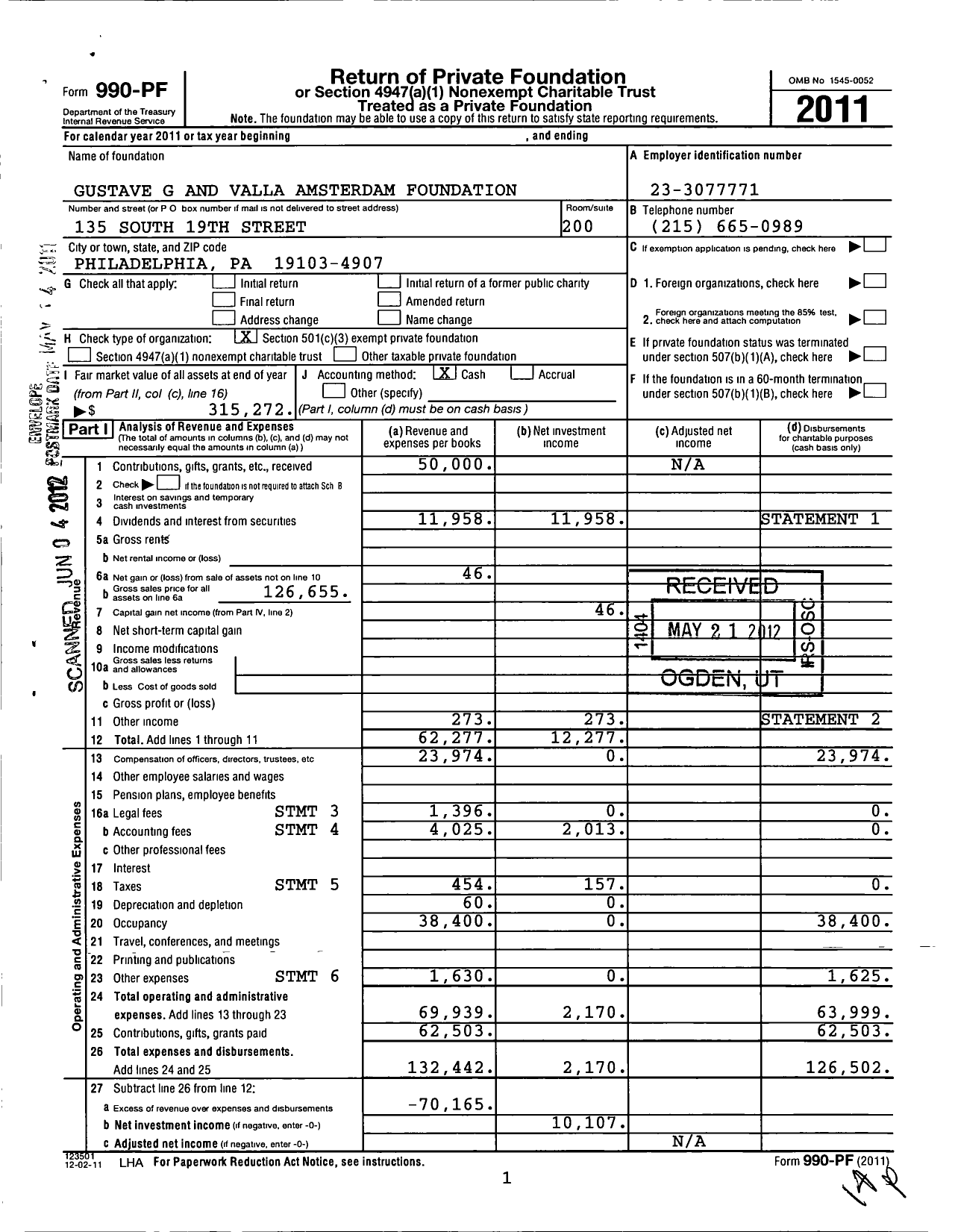 Image of first page of 2011 Form 990PF for Gustave G and Valla Amsterdam Foundation