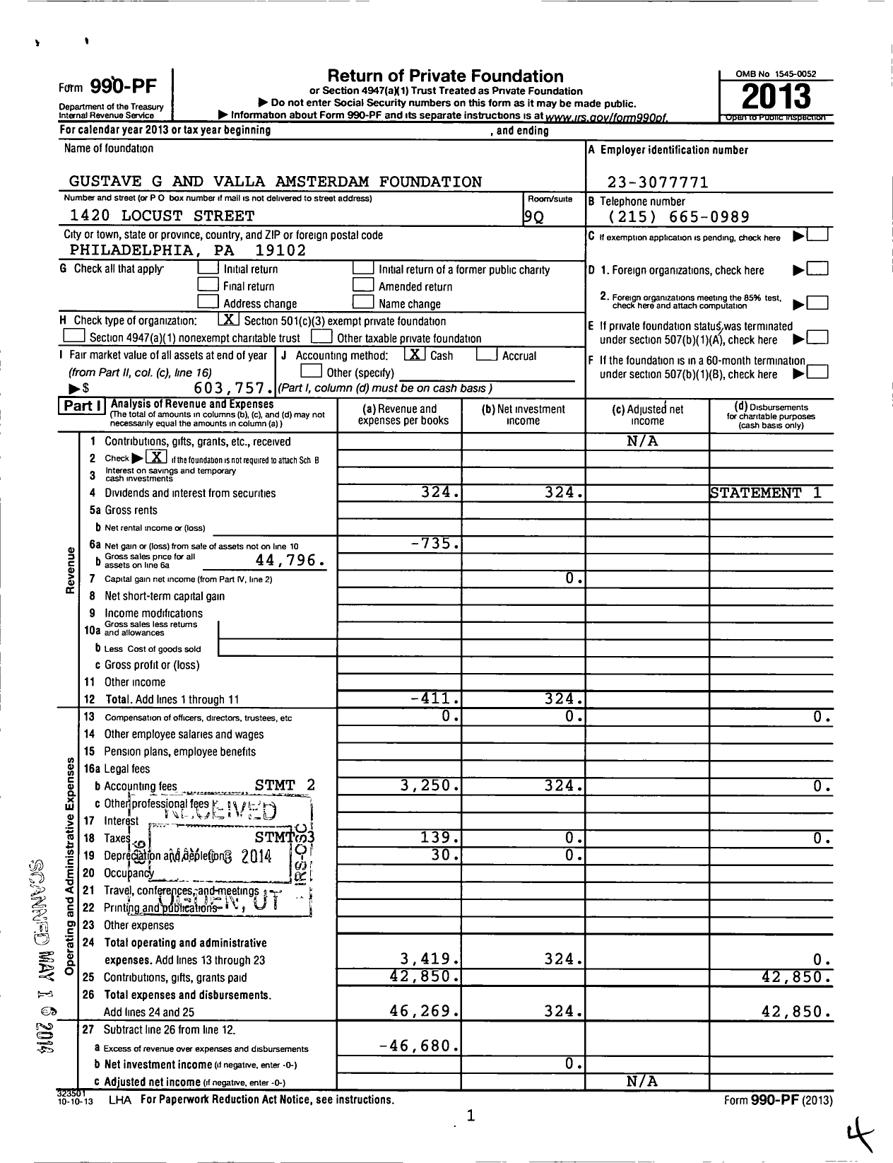 Image of first page of 2013 Form 990PF for Gustave G and Valla Amsterdam Foundation