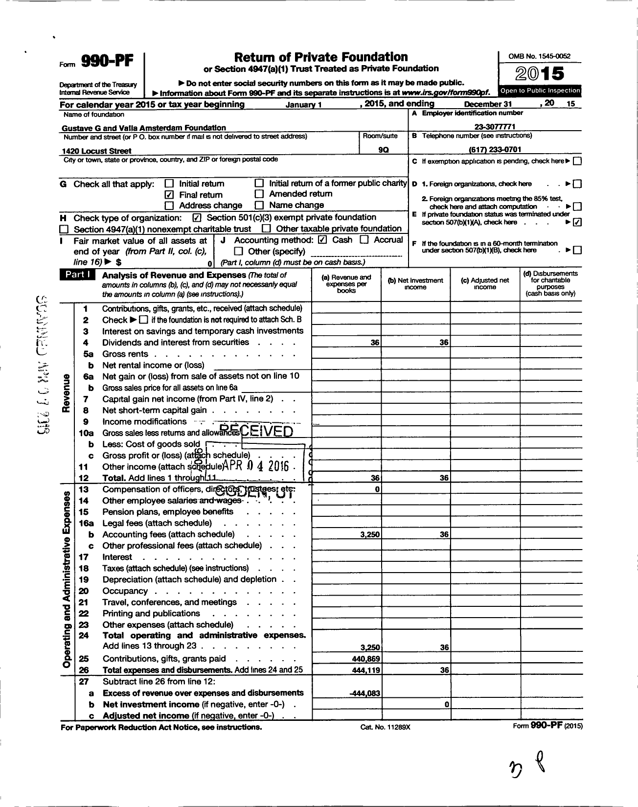 Image of first page of 2015 Form 990PF for Gustave G and Valla Amsterdam Foundation