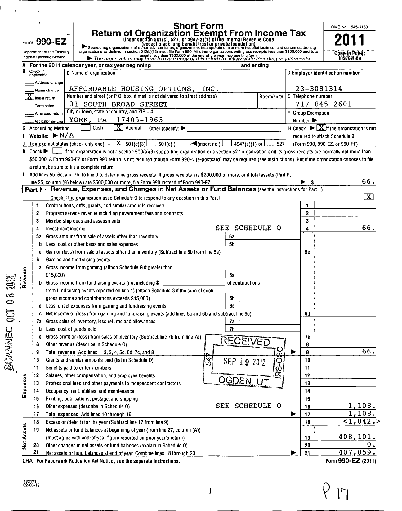 Image of first page of 2011 Form 990EZ for Affordable Housing Options