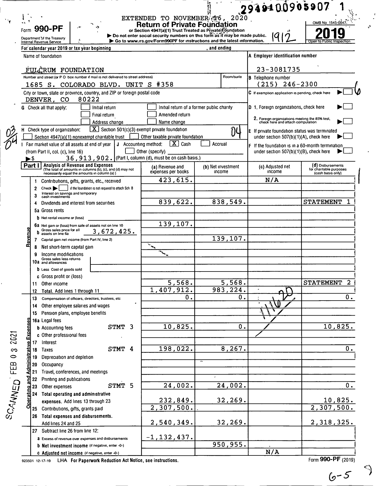 Image of first page of 2019 Form 990PF for Fulcrum Foundation / Roberts JR Ralph J Ttee