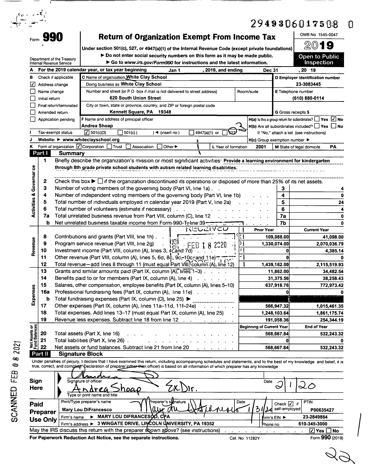 Image of first page of 2019 Form 990 for White Clay School