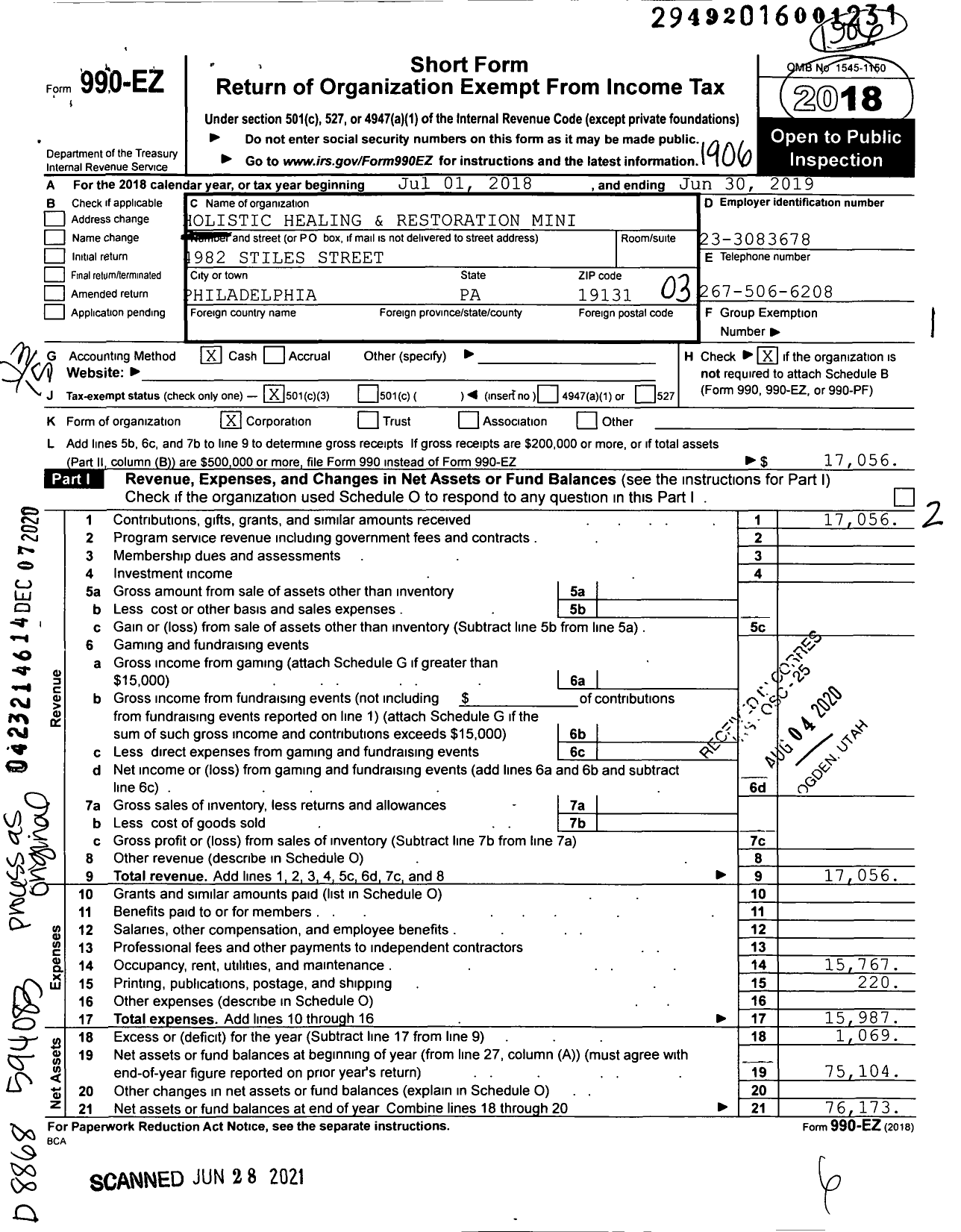 Image of first page of 2018 Form 990EZ for Holistic Healing and Restoration Mini