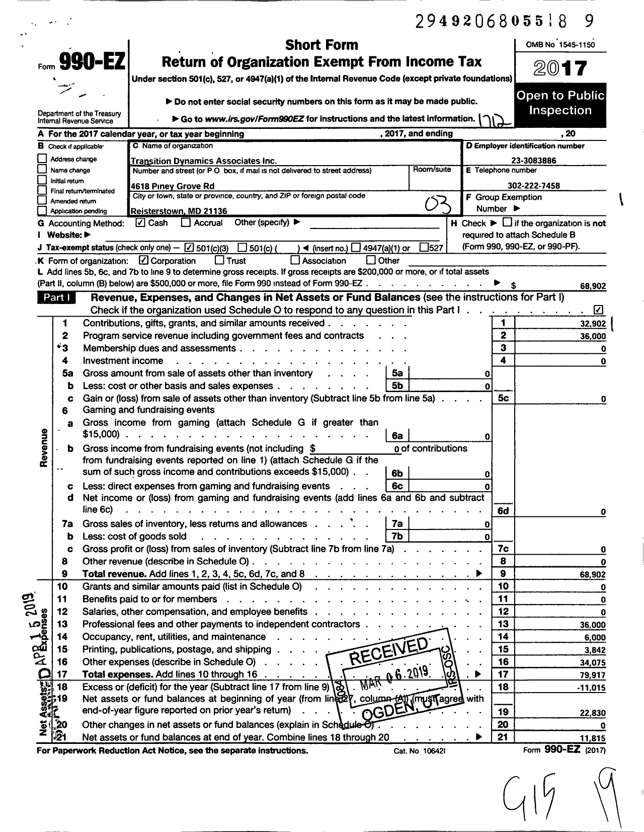 Image of first page of 2017 Form 990EZ for Transition Dymanics Associates