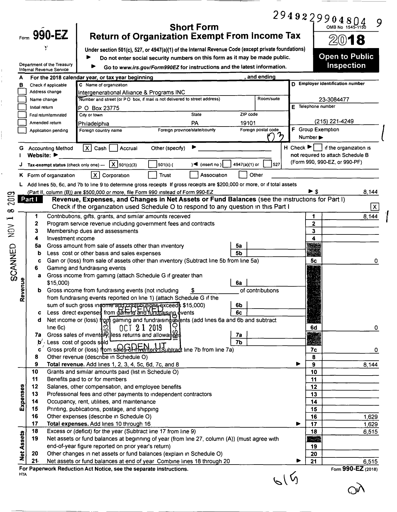 Image of first page of 2018 Form 990EZ for Intergenerational Community Alliance