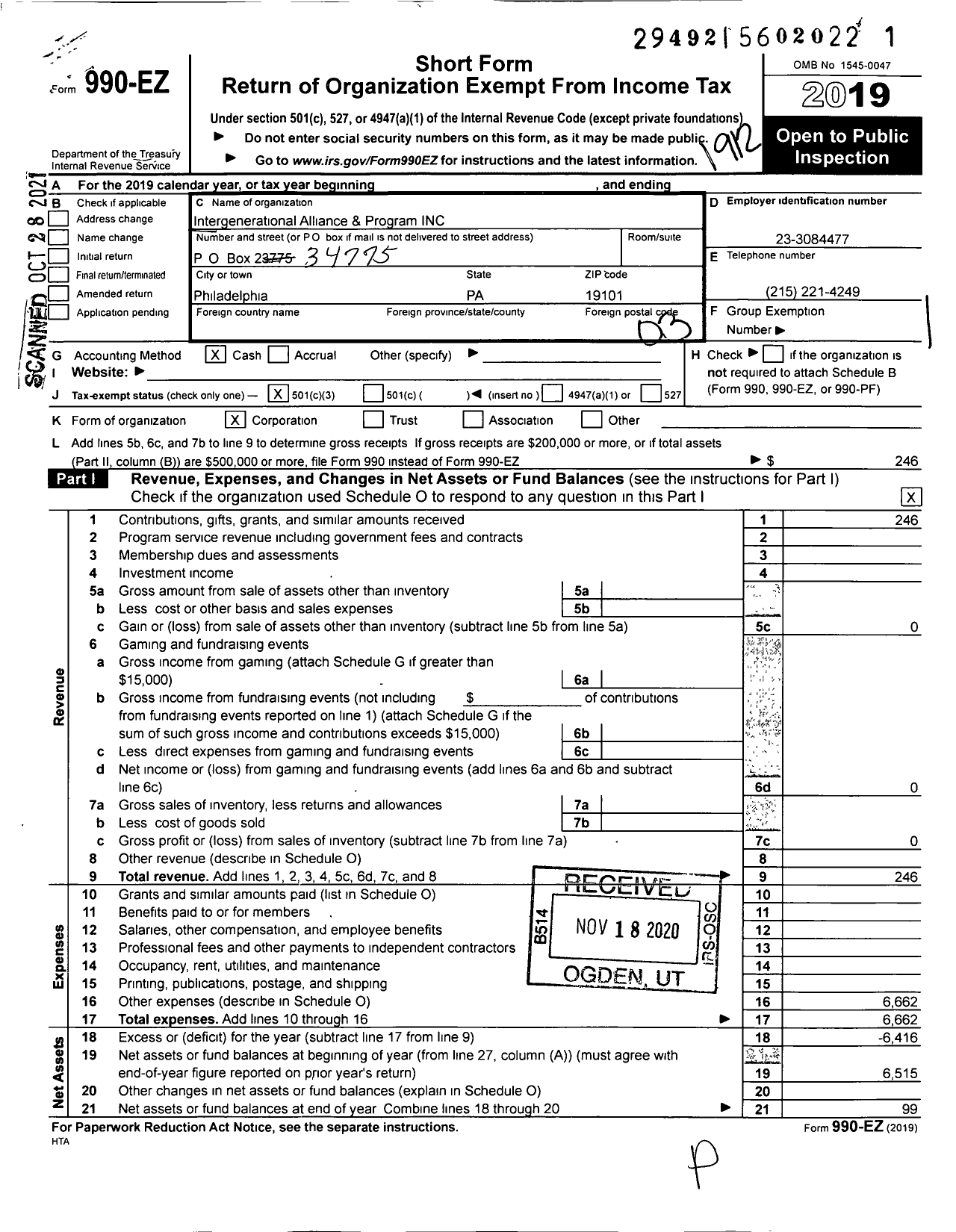 Image of first page of 2019 Form 990EZ for Intergenerational Community Alliance