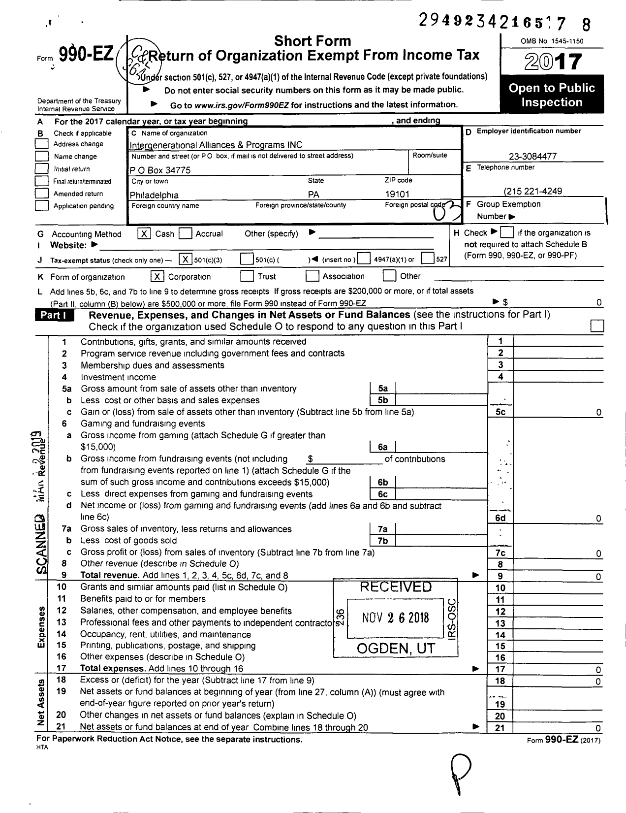 Image of first page of 2017 Form 990EZ for Intergenerational Community Alliance