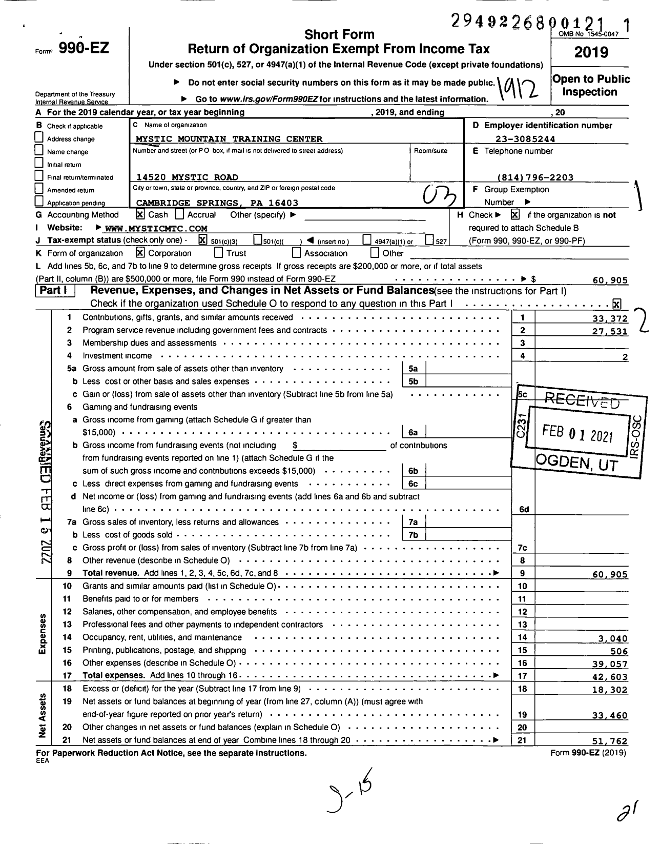 Image of first page of 2019 Form 990EZ for Mystic Mountain Training Center