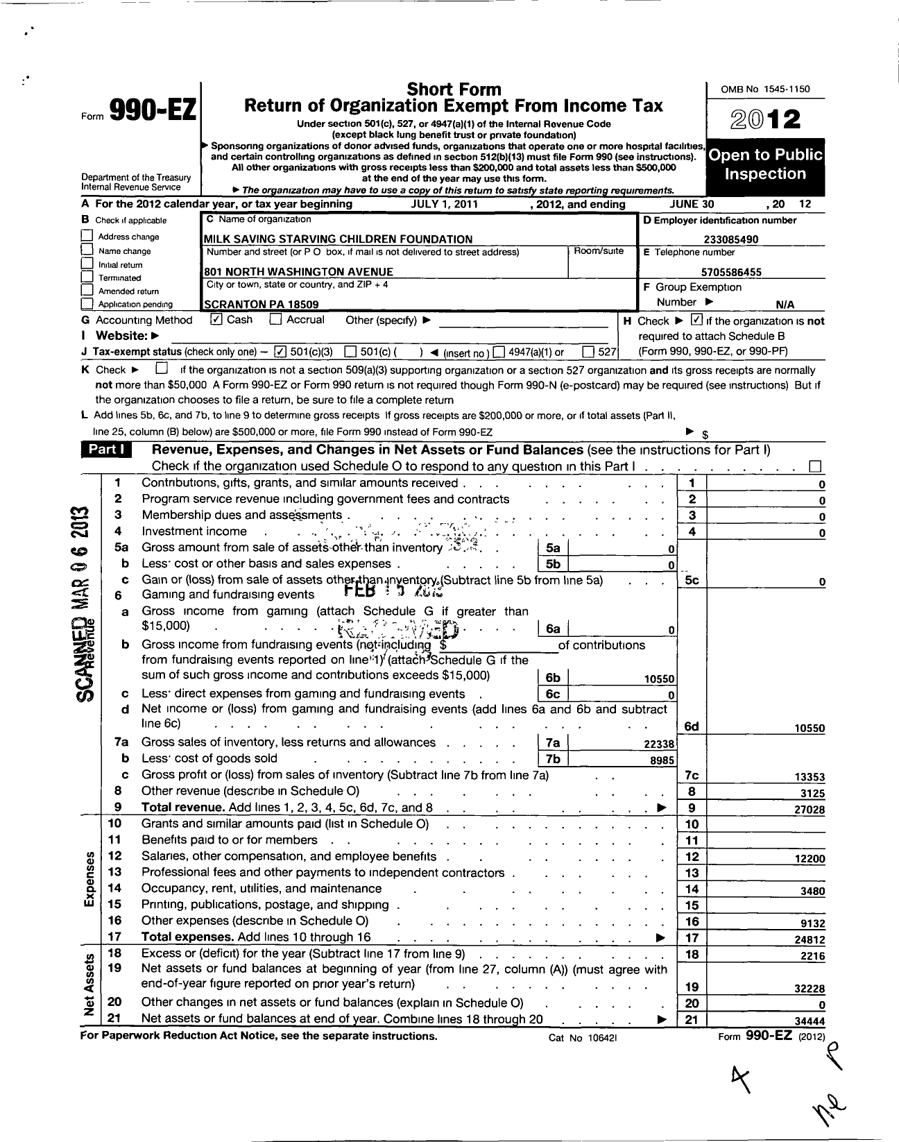 Image of first page of 2011 Form 990 for Milk Saving Starving Children Foundation