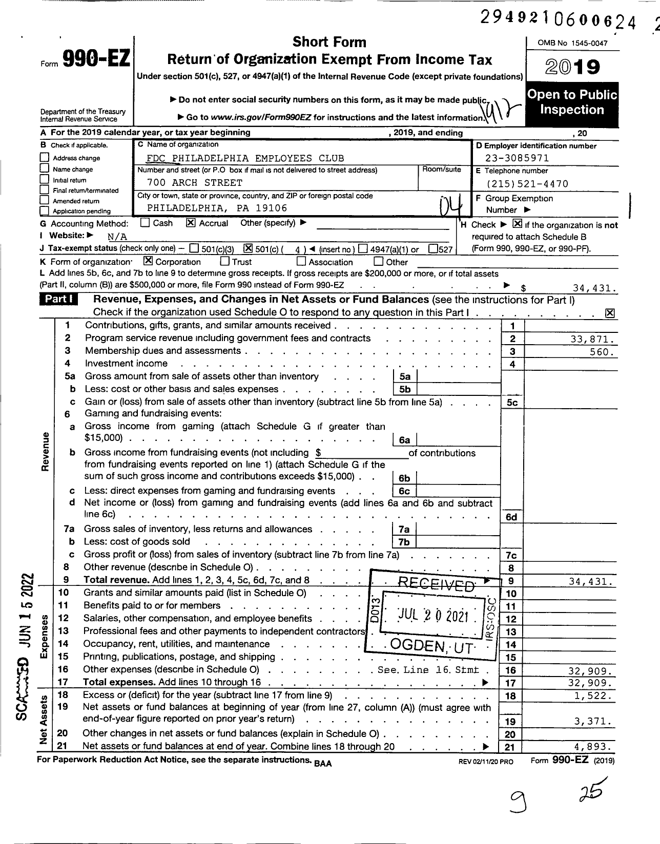 Image of first page of 2019 Form 990EO for FDC Philadelphia Employees Club