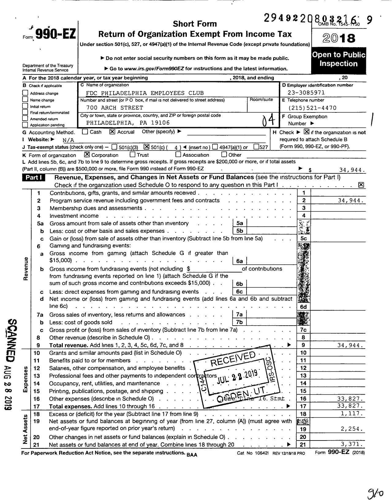 Image of first page of 2018 Form 990EO for FDC Philadelphia Employees Club