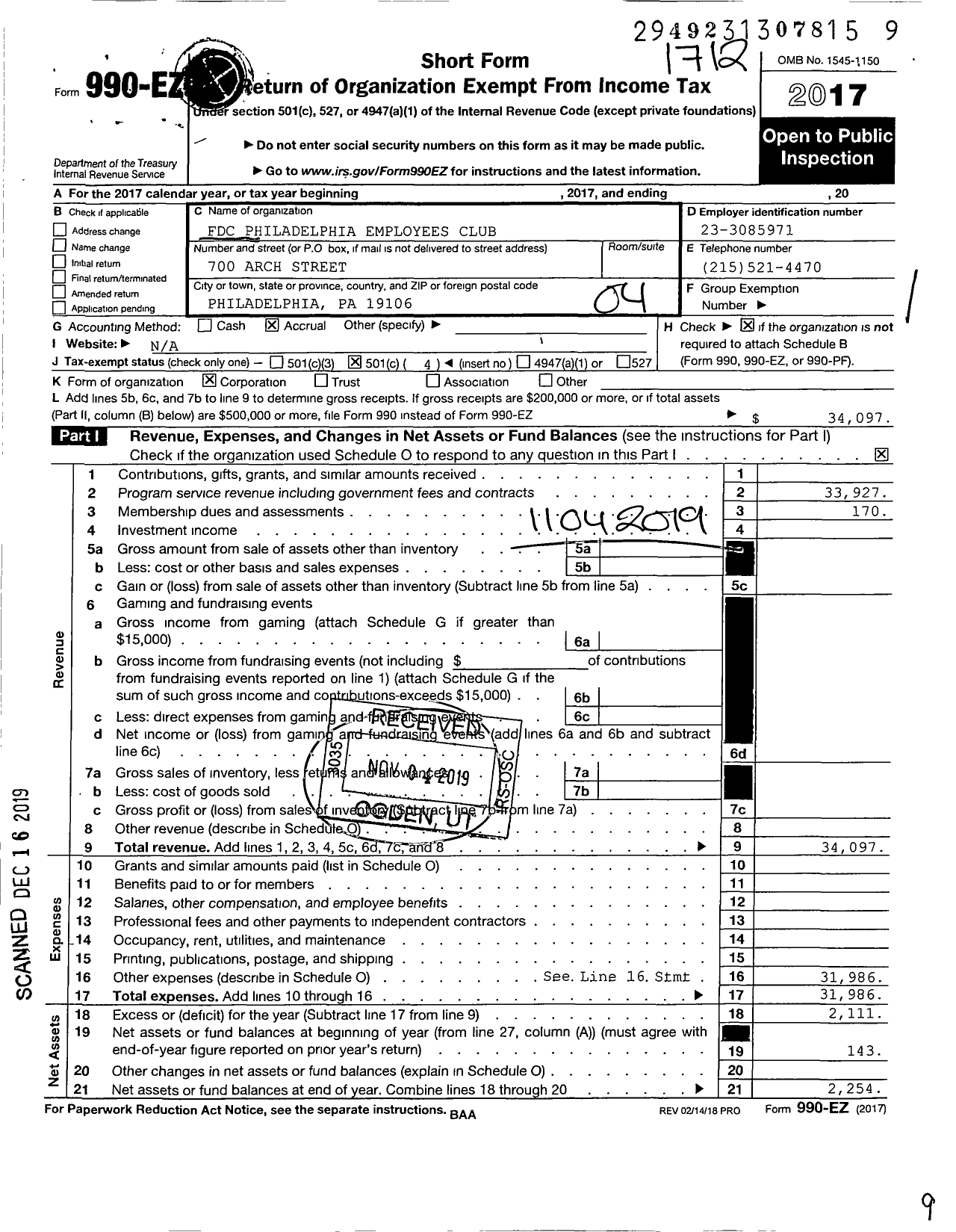 Image of first page of 2017 Form 990EO for FDC Philadelphia Employees Club