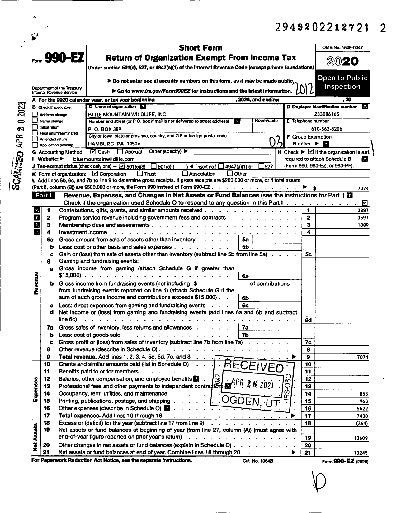 Image of first page of 2020 Form 990EZ for Blue Mountain Wildlife