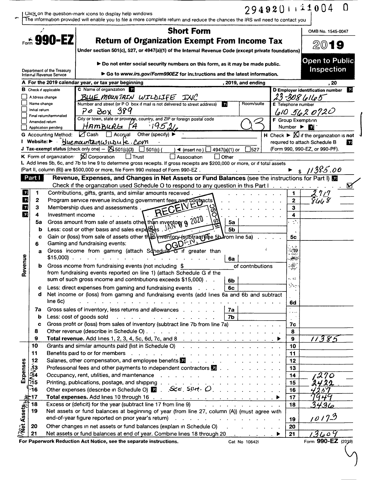 Image of first page of 2019 Form 990EZ for Blue Mountain Wildlife