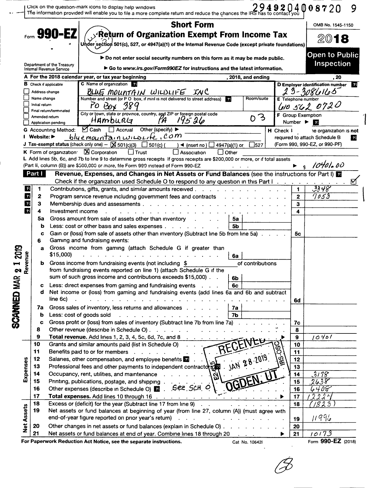 Image of first page of 2018 Form 990EZ for Blue Mountain Wildlife