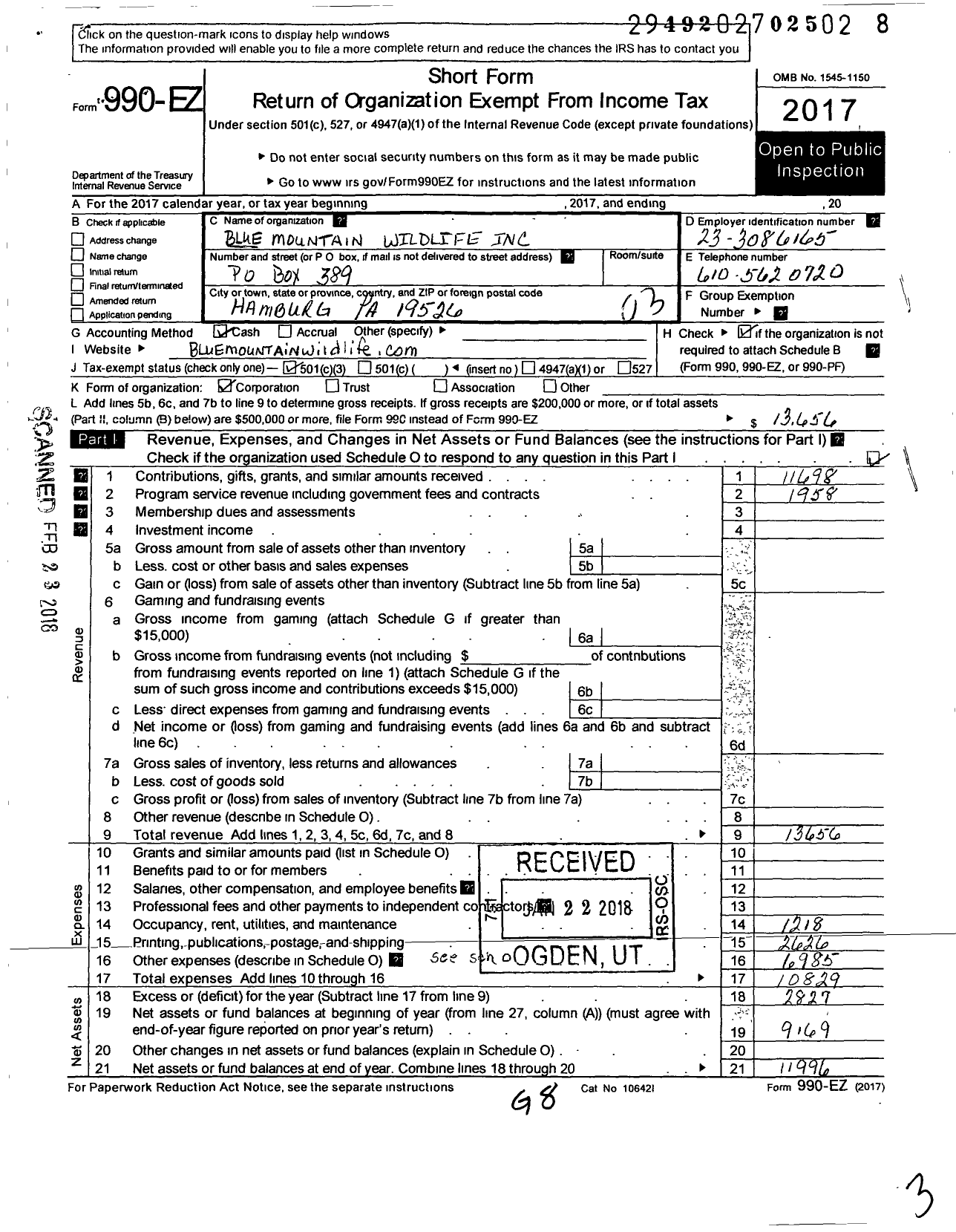 Image of first page of 2017 Form 990EZ for Blue Mountain Wildlife