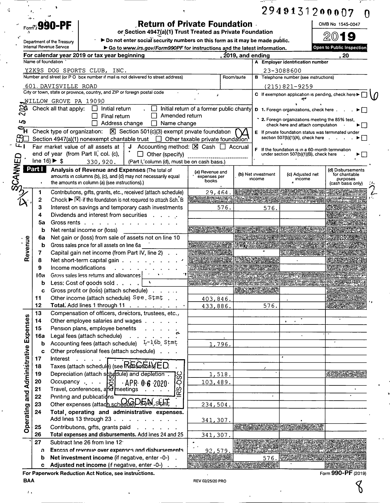 Image of first page of 2019 Form 990PF for Y2k9s Dog Sports Club