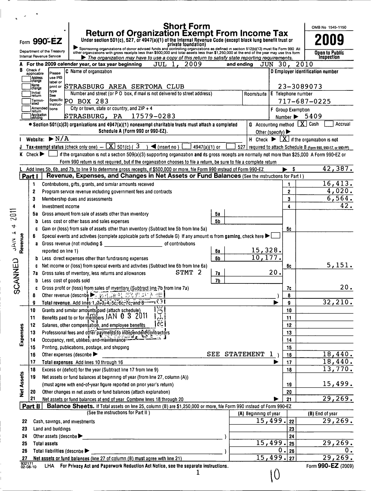 Image of first page of 2009 Form 990EZ for Sertoma - 10052 Strasburg Sertoma Club