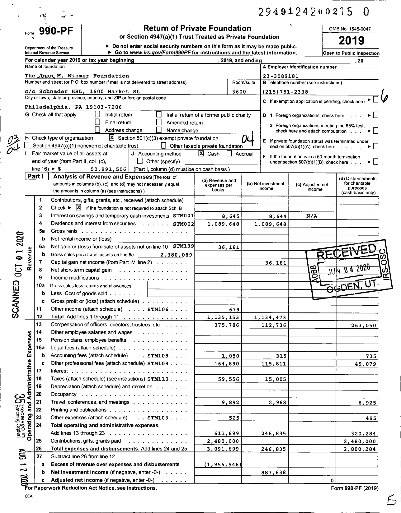 Image of first page of 2019 Form 990PR for Joan M Wismer Foundation