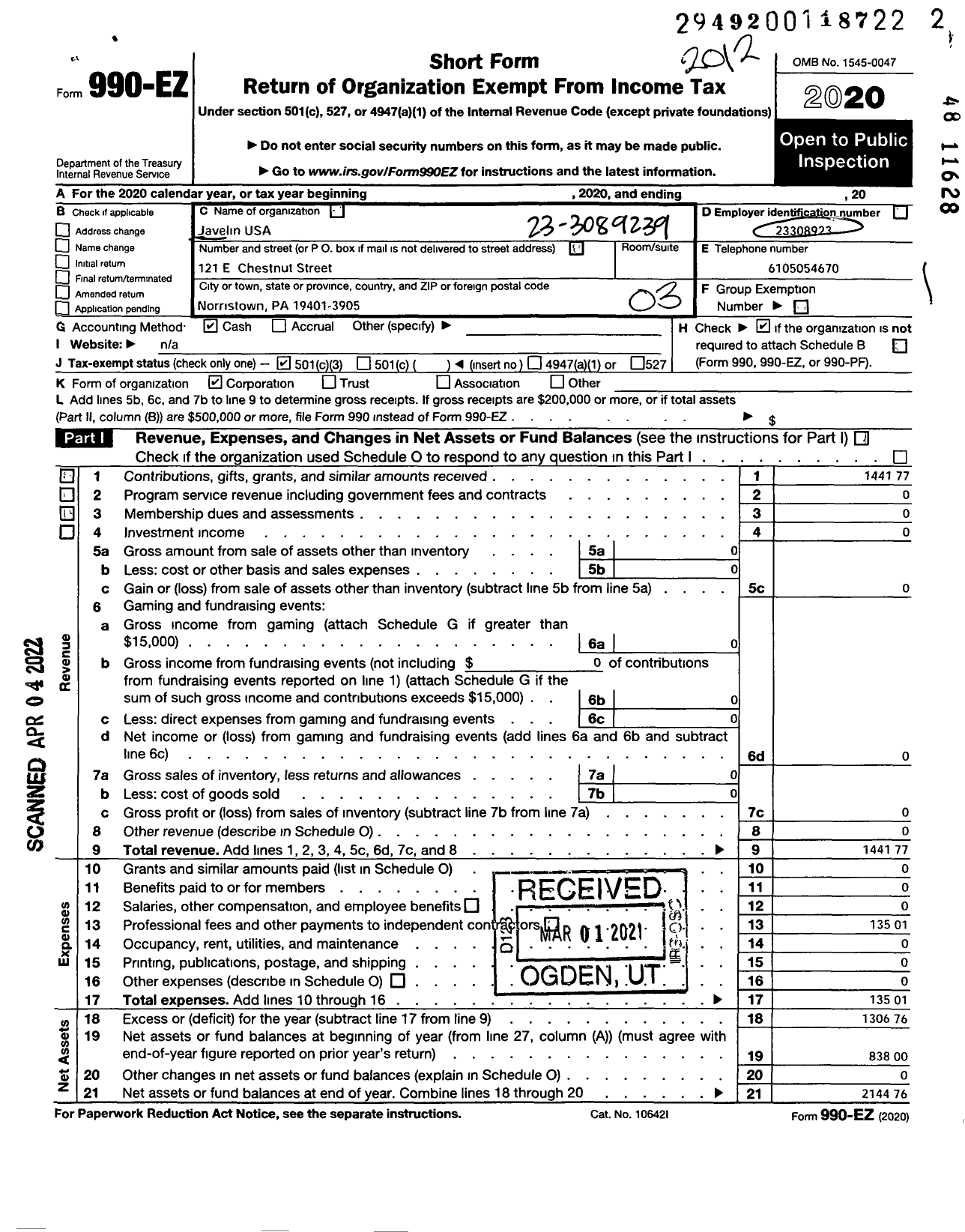 Image of first page of 2020 Form 990EZ for Javelin USA